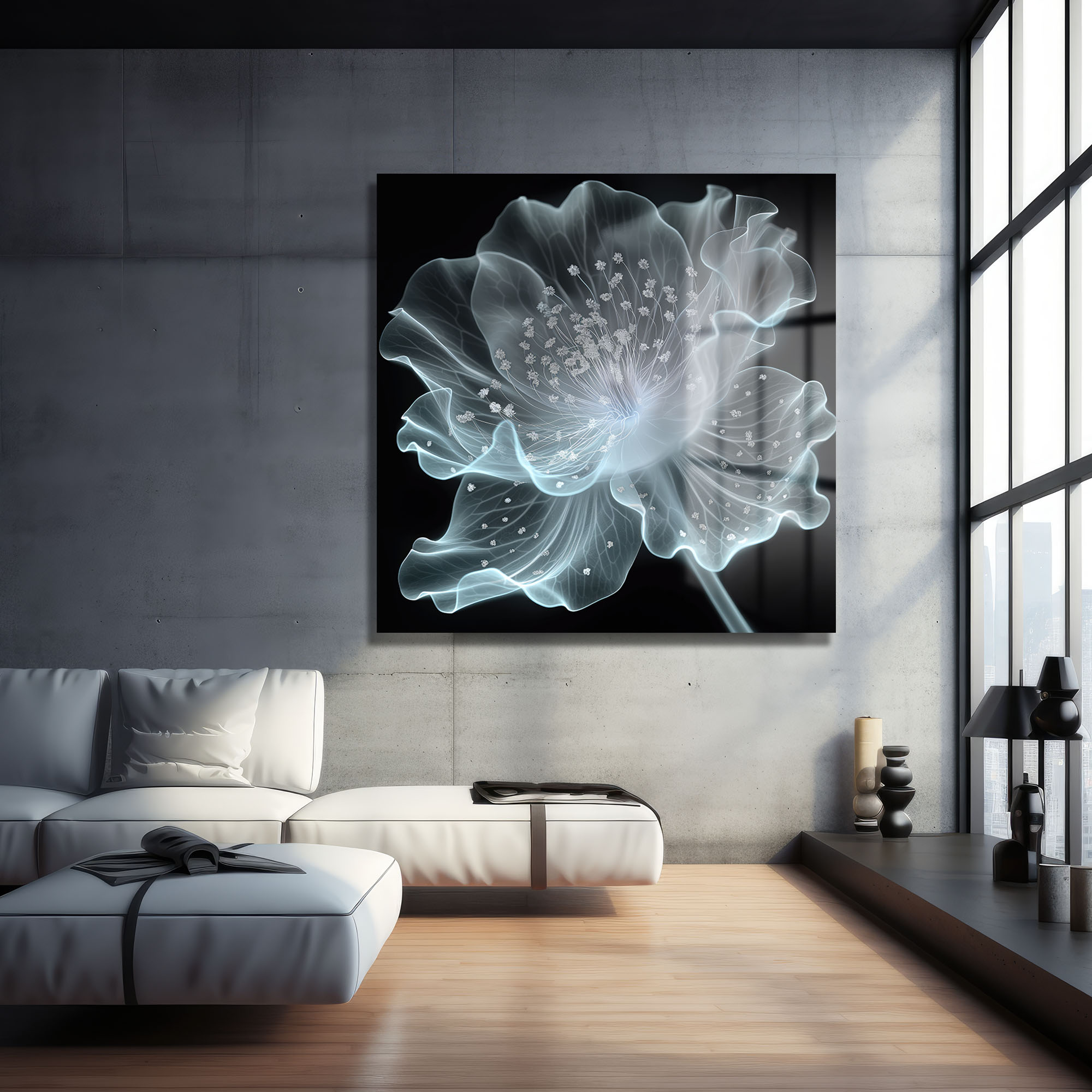 Ethereal Işık Çiçeği: Modern Soyut Temperli Cam Tablo Duvar Dekoru cam tablo, duvar sanatı, modern dekorasyon, soyut sanat, cam sanat eserleri, iç mekan dekorasyonu, ofis dekorasyonu, ev dekorasyonu, restoran dekorasyonu, cafe dekorasyonu, cam baskı, UV baskı, estetik duvar sanatı