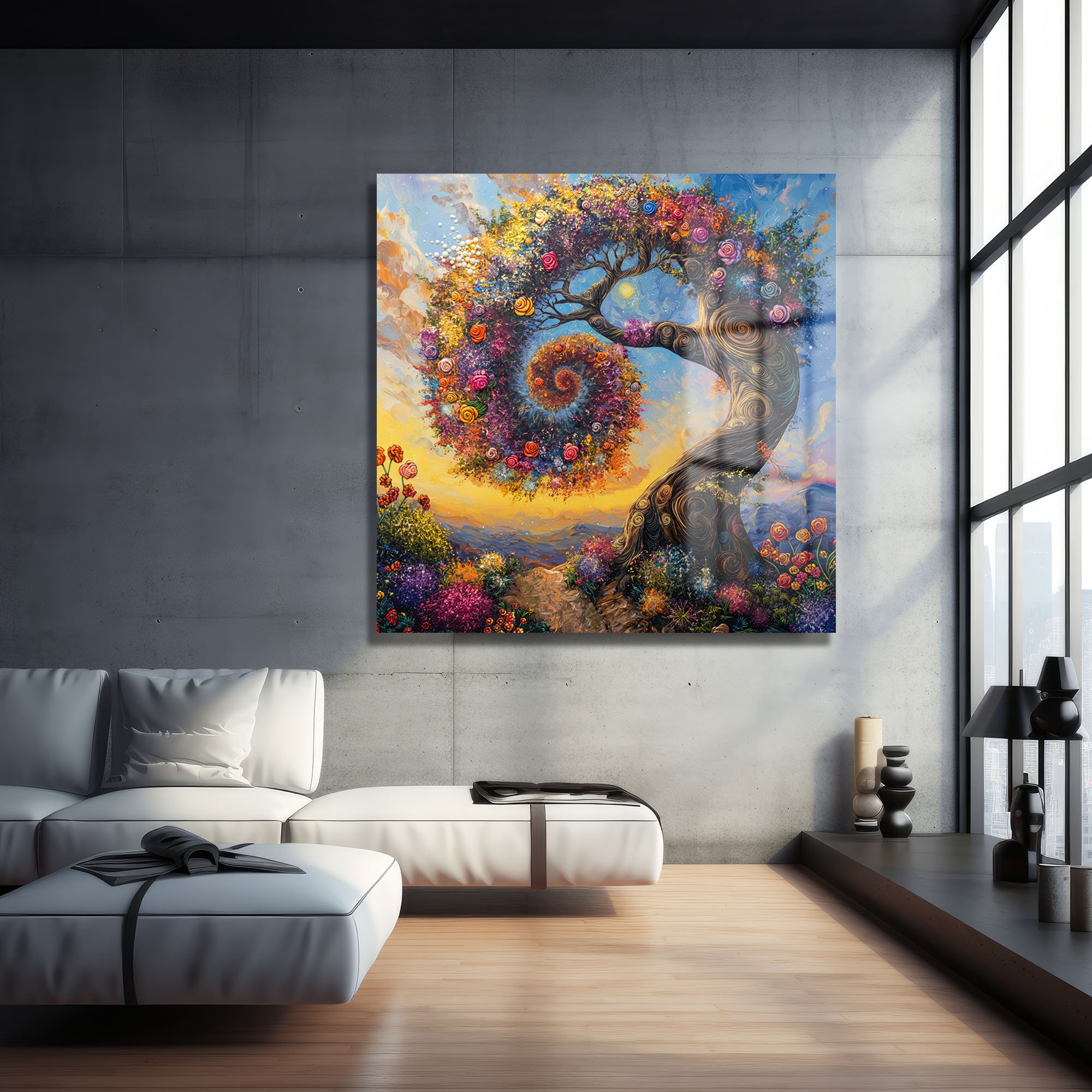 Hayat Ağacı: Renkli Çiçek Spiral Desenli Modern Cam Tablo Duvar Dekoru cam tablo, duvar sanatı, modern dekorasyon, soyut sanat, cam sanat eserleri, iç mekan dekorasyonu, ofis dekorasyonu, ev dekorasyonu, restoran dekorasyonu, cafe dekorasyonu, cam baskı, UV baskı, estetik duvar sanatı