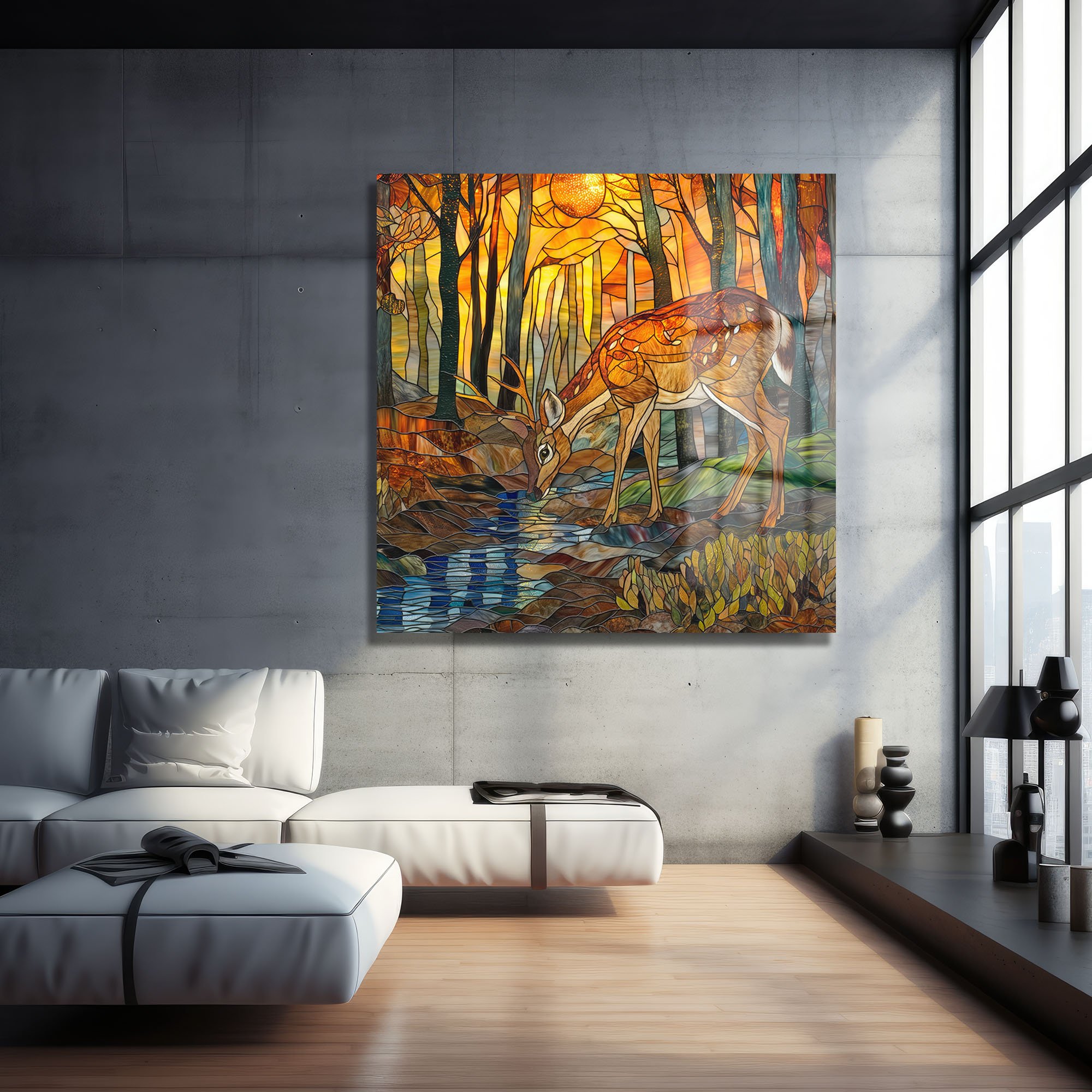 Güneşin Doğuşu: Vitray Sanatıyla Geyik ve Orman Cam Tablo - Glazella Güneşin Doğuşu: Vitray Sanatıyla Geyik ve Orman Cam Tablo - Glazella