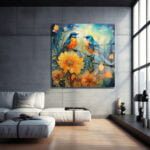 Harmoni Kuşları: Turkuaz ve Turuncu Tonlarda Modern Dekoratif Cam Tablo Duvar Dekoru cam tablo, duvar sanatı, modern dekorasyon, soyut sanat, cam sanat eserleri, iç mekan dekorasyonu, ofis dekorasyonu, ev dekorasyonu, restoran dekorasyonu, cafe dekorasyonu, cam baskı, UV baskı, estetik duvar sanatı