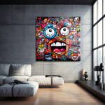 Enerjik Graffiti Yüzler: Renkli Sokak Sanatı Temperli Cam Tablo Duvar Dekoru cam tablo, duvar sanatı, modern dekorasyon, soyut sanat, cam sanat eserleri, iç mekan dekorasyonu, ofis dekorasyonu, ev dekorasyonu, restoran dekorasyonu, cafe dekorasyonu, cam baskı, UV baskı, estetik duvar sanatı