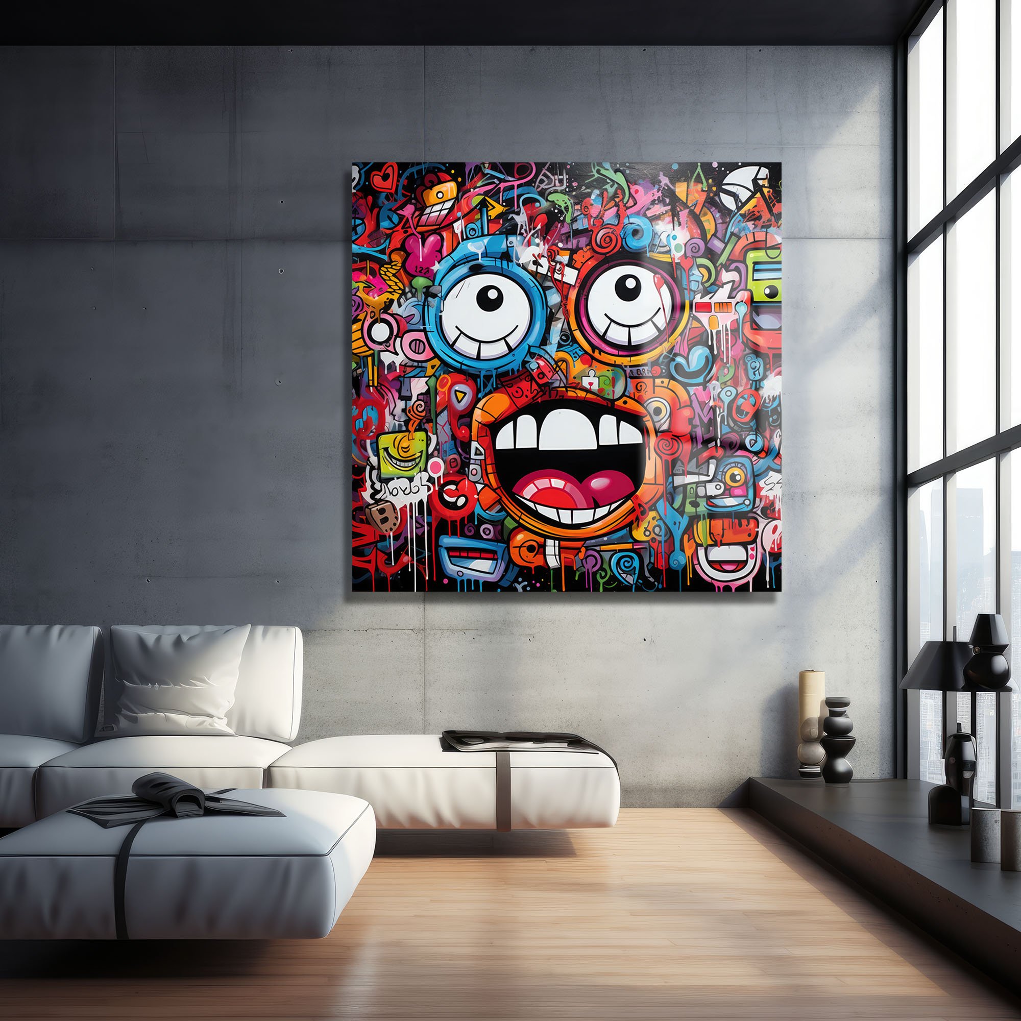 Enerjik Graffiti Yüzler: Renkli Sokak Sanatı Temperli Cam Tablo Duvar Dekoru cam tablo, duvar sanatı, modern dekorasyon, soyut sanat, cam sanat eserleri, iç mekan dekorasyonu, ofis dekorasyonu, ev dekorasyonu, restoran dekorasyonu, cafe dekorasyonu, cam baskı, UV baskı, estetik duvar sanatı