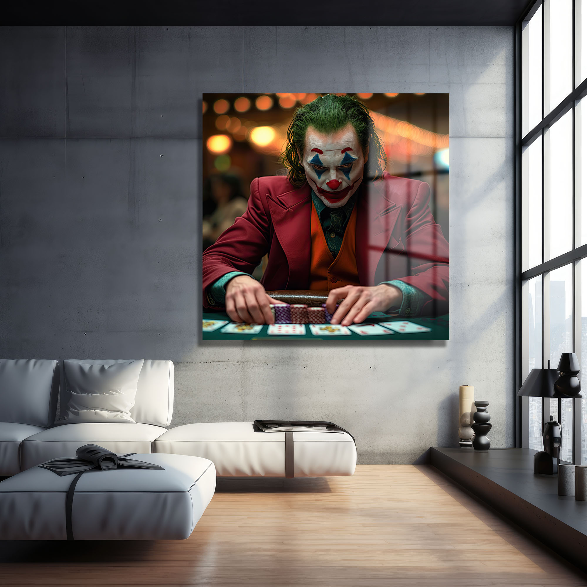 Joker Poker Yüzleşmesi: Gerilimli Sinematik Cam Tablo Duvar Dekoru cam tablo, duvar sanatı, modern dekorasyon, soyut sanat, cam sanat eserleri, iç mekan dekorasyonu, ofis dekorasyonu, ev dekorasyonu, restoran dekorasyonu, cafe dekorasyonu, cam baskı, UV baskı, estetik duvar sanatı