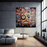Enerjik Kaos: Canlı Graffiti Yüz Cam Tablo Duvar Dekoru cam tablo, duvar sanatı, modern dekorasyon, soyut sanat, cam sanat eserleri, iç mekan dekorasyonu, ofis dekorasyonu, ev dekorasyonu, restoran dekorasyonu, cafe dekorasyonu, cam baskı, UV baskı, estetik duvar sanatı
