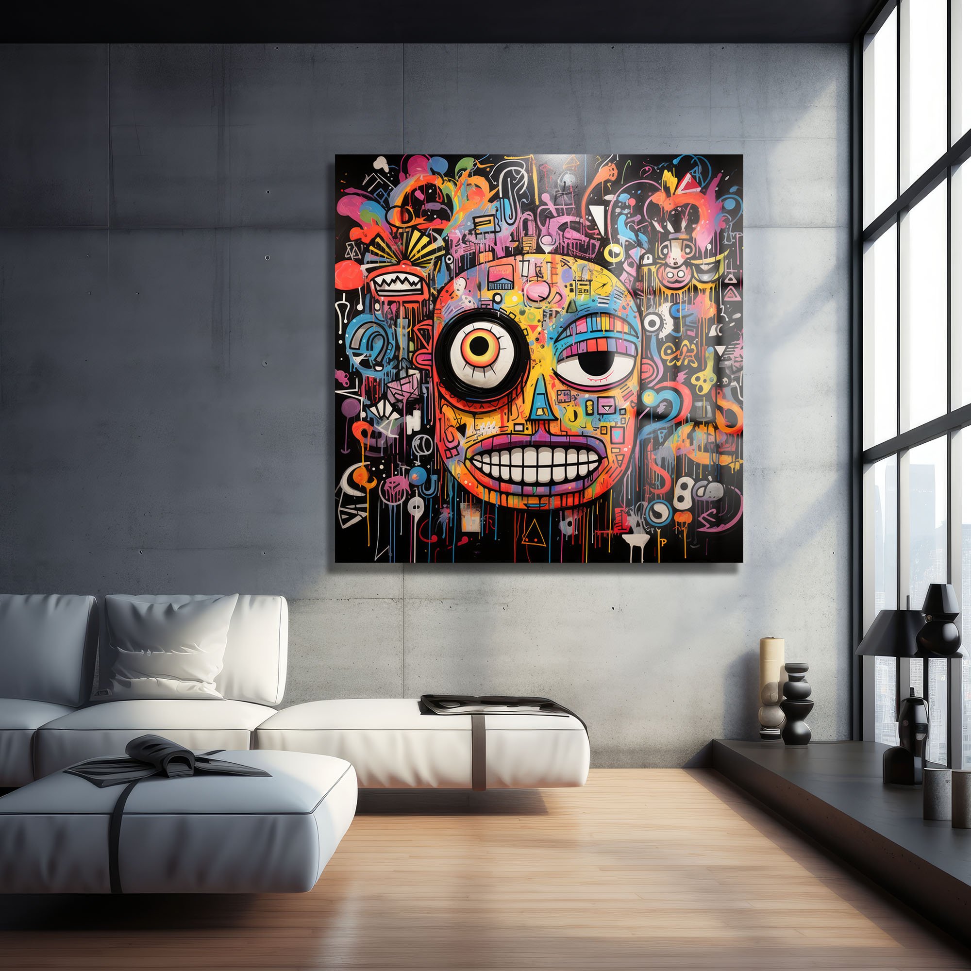Enerjik Kaos: Canlı Graffiti Yüz Cam Tablo Duvar Dekoru cam tablo, duvar sanatı, modern dekorasyon, soyut sanat, cam sanat eserleri, iç mekan dekorasyonu, ofis dekorasyonu, ev dekorasyonu, restoran dekorasyonu, cafe dekorasyonu, cam baskı, UV baskı, estetik duvar sanatı