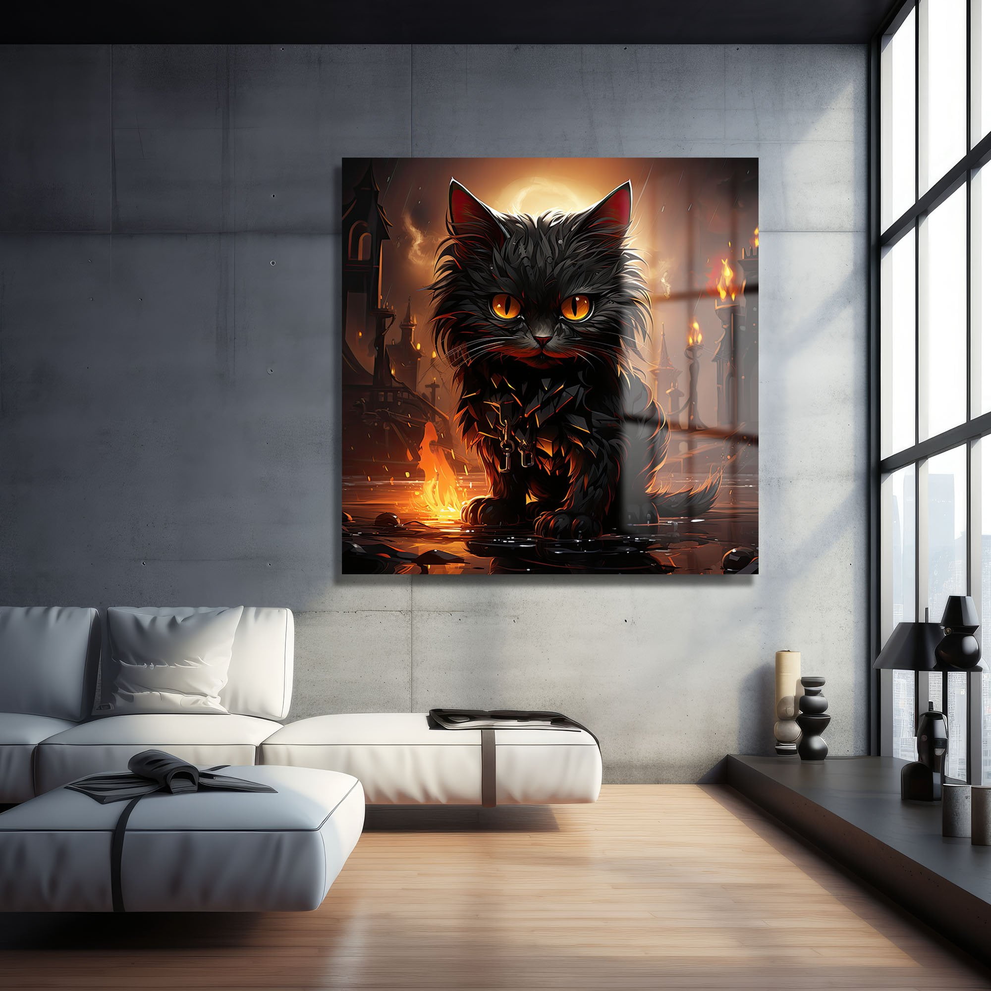 Ateş Gözlü Kara Kedi: Gizemli Fantastik Cam Tablo Duvar Dekoru cam tablo, duvar sanatı, modern dekorasyon, soyut sanat, cam sanat eserleri, iç mekan dekorasyonu, ofis dekorasyonu, ev dekorasyonu, restoran dekorasyonu, cafe dekorasyonu, cam baskı, UV baskı, estetik duvar sanatı