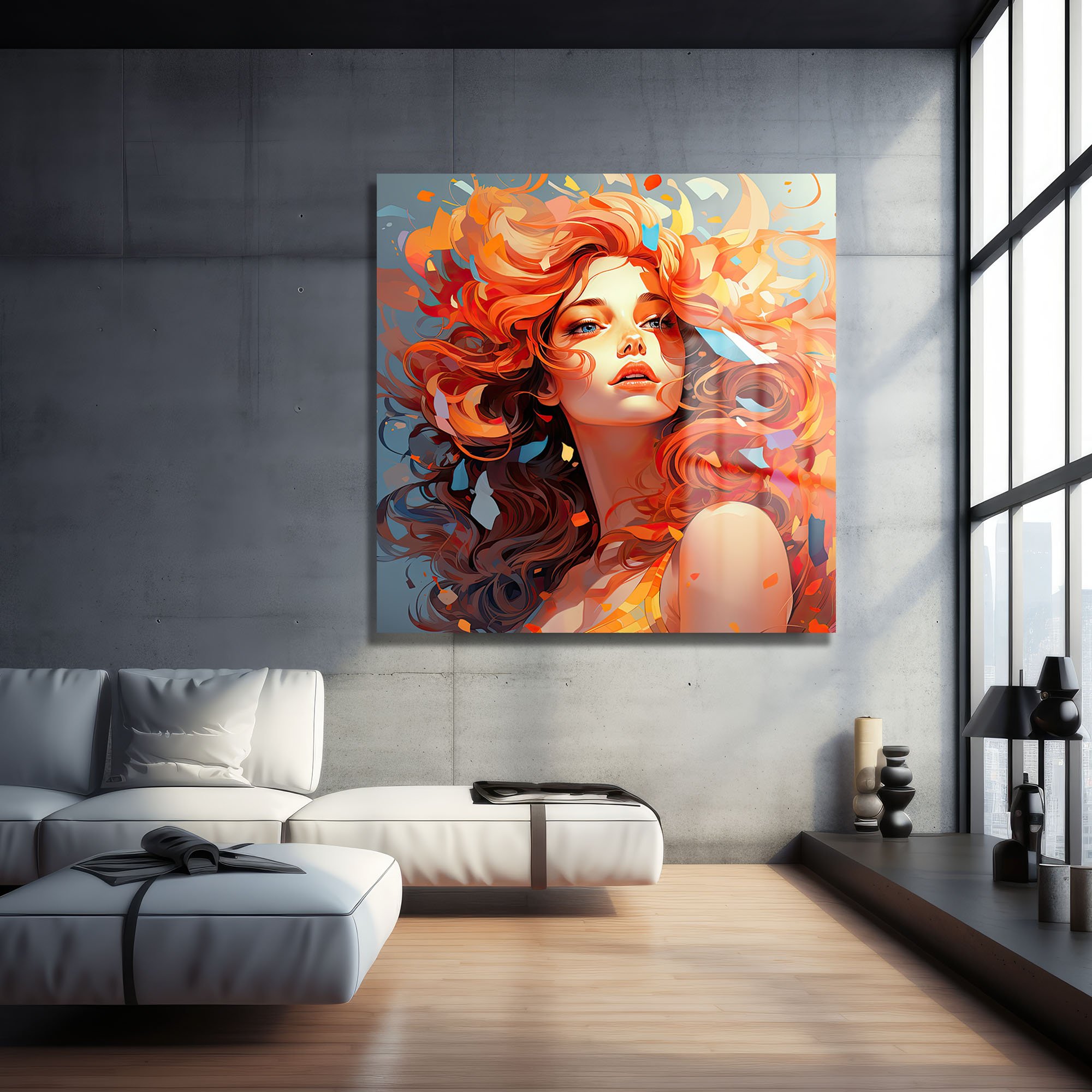 Ateş Saçlı Kadın: Enerjik Soyut Portre Cam Tablo Duvar Dekoru cam tablo, duvar sanatı, modern dekorasyon, soyut sanat, cam sanat eserleri, iç mekan dekorasyonu, ofis dekorasyonu, ev dekorasyonu, restoran dekorasyonu, cafe dekorasyonu, cam baskı, UV baskı, estetik duvar sanatı