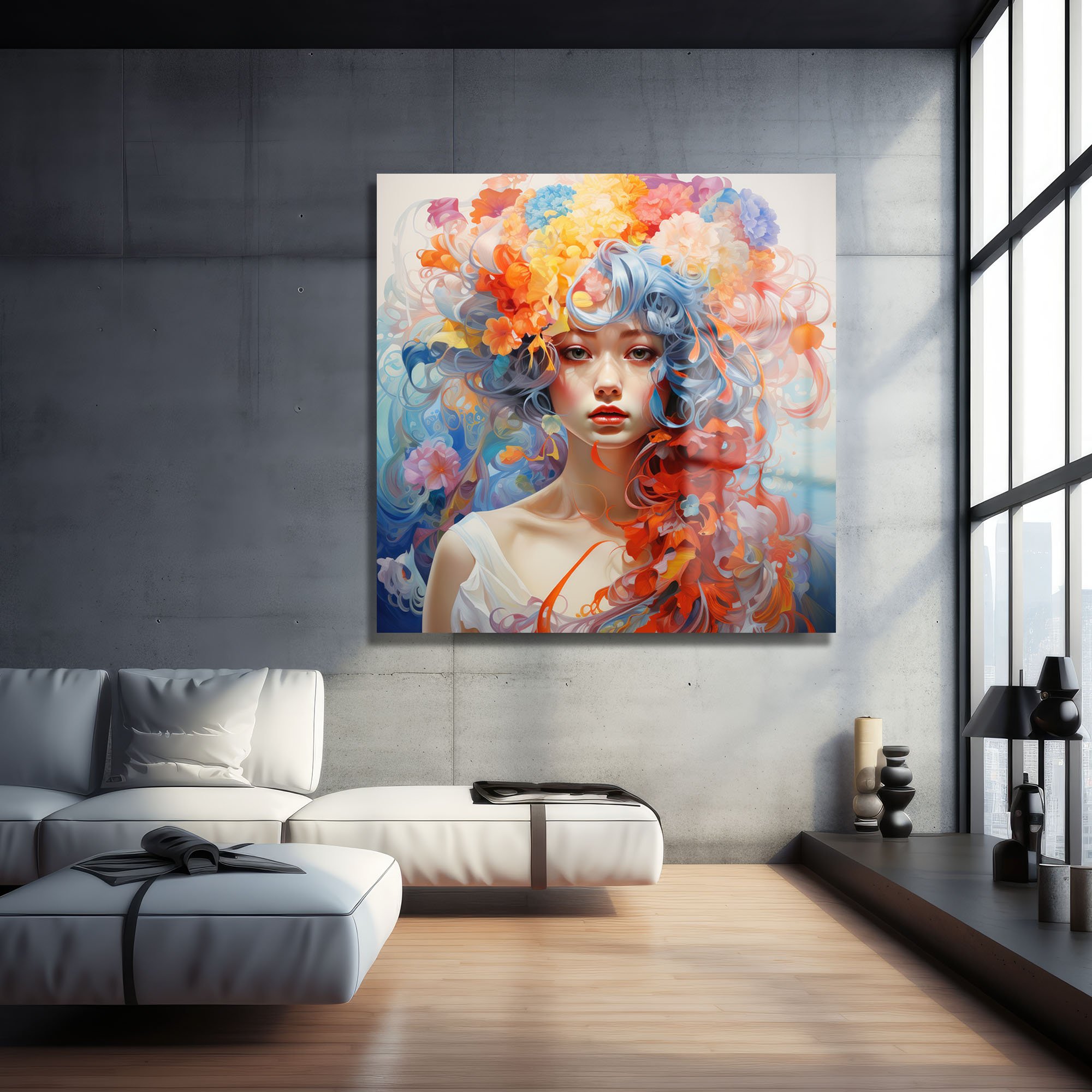 Çiçek Perisi: Canlı Renkli Modern Cam Tablo Duvar Dekoru cam tablo, duvar sanatı, modern dekorasyon, soyut sanat, cam sanat eserleri, iç mekan dekorasyonu, ofis dekorasyonu, ev dekorasyonu, restoran dekorasyonu, cafe dekorasyonu, cam baskı, UV baskı, estetik duvar sanatı