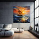 Fırtınanın Dansı: Gün Batımı Yelkenli Cam Tablo Duvar Dekoru cam tablo, duvar sanatı, modern dekorasyon, soyut sanat, cam sanat eserleri, iç mekan dekorasyonu, ofis dekorasyonu, ev dekorasyonu, restoran dekorasyonu, cafe dekorasyonu, cam baskı, UV baskı, estetik duvar sanatı