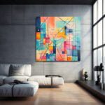 Renkli Ritimler: Modern Geometrik Soyut Cam Tablo Duvar Dekoru cam tablo, duvar sanatı, modern dekorasyon, soyut sanat, cam sanat eserleri, iç mekan dekorasyonu, ofis dekorasyonu, ev dekorasyonu, restoran dekorasyonu, cafe dekorasyonu, cam baskı, UV baskı, estetik duvar sanatı