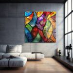 Vitray Büyüsü: Canlı Renklerin Dansı Modern Soyut Cam Tablo Duvar Dekoru cam tablo, duvar sanatı, modern dekorasyon, soyut sanat, cam sanat eserleri, iç mekan dekorasyonu, ofis dekorasyonu, ev dekorasyonu, restoran dekorasyonu, cafe dekorasyonu, cam baskı, UV baskı, estetik duvar sanatı
