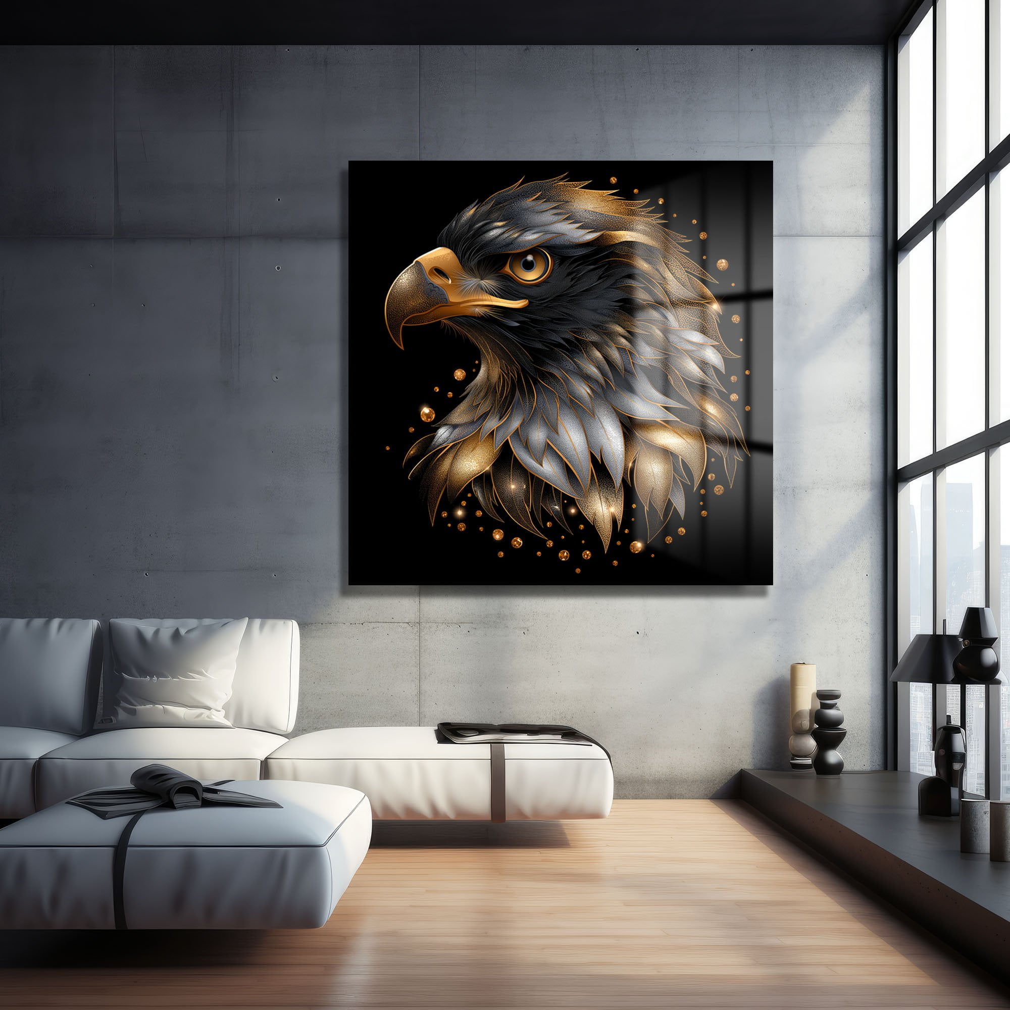 Altın Dokunuşlu Asil Kartal: Lüks Modern Cam Tablo Duvar Dekoru cam tablo, duvar sanatı, modern dekorasyon, soyut sanat, cam sanat eserleri, iç mekan dekorasyonu, ofis dekorasyonu, ev dekorasyonu, restoran dekorasyonu, cafe dekorasyonu, cam baskı, UV baskı, estetik duvar sanatı