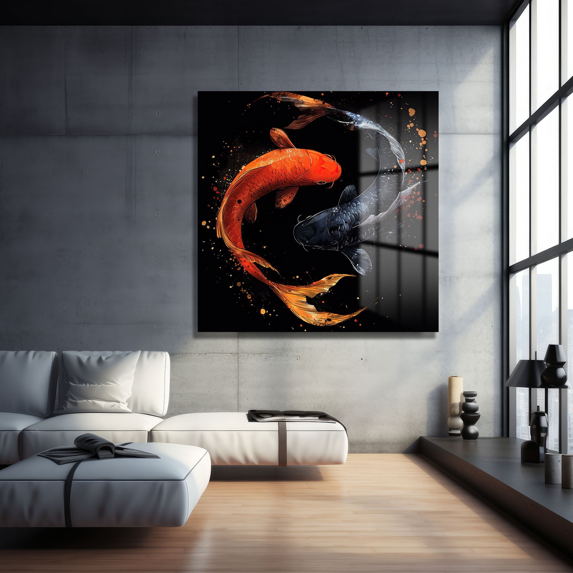 Koi Ahengi: Yin-Yang Temalı Canlı Renklerde Temperli Cam Tablo Duvar Dekoru cam tablo, duvar sanatı, modern dekorasyon, soyut sanat, cam sanat eserleri, iç mekan dekorasyonu, ofis dekorasyonu, ev dekorasyonu, restoran dekorasyonu, cafe dekorasyonu, cam baskı, UV baskı, estetik duvar sanatı
