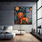 Neşeli Aslan Şehri: Canlı Renklerle Modern Dekoratif Cam Tablo Duvar Dekoru cam tablo, duvar sanatı, modern dekorasyon, soyut sanat, cam sanat eserleri, iç mekan dekorasyonu, ofis dekorasyonu, ev dekorasyonu, restoran dekorasyonu, cafe dekorasyonu, cam baskı, UV baskı, estetik duvar sanatı