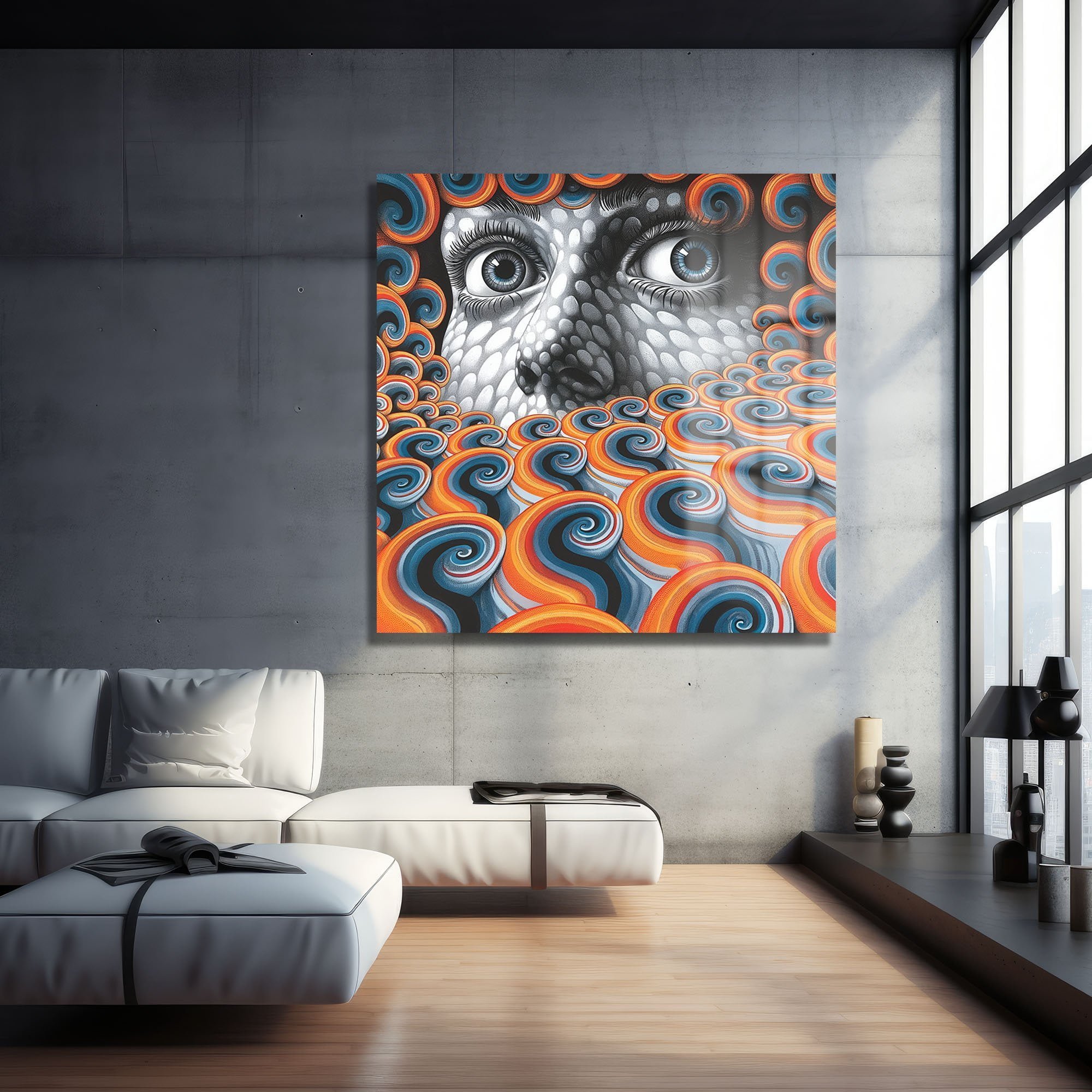 Sarmal Bakışlar: Canlı Renklerle Modern Cam Tablo Duvar Dekoru cam tablo, duvar sanatı, modern dekorasyon, soyut sanat, cam sanat eserleri, iç mekan dekorasyonu, ofis dekorasyonu, ev dekorasyonu, restoran dekorasyonu, cafe dekorasyonu, cam baskı, UV baskı, estetik duvar sanatı