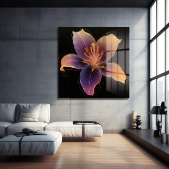 Ethereal Lily: Mor ve Altın Tonlarında Parlayan Modern Cam Tablo - Glazella