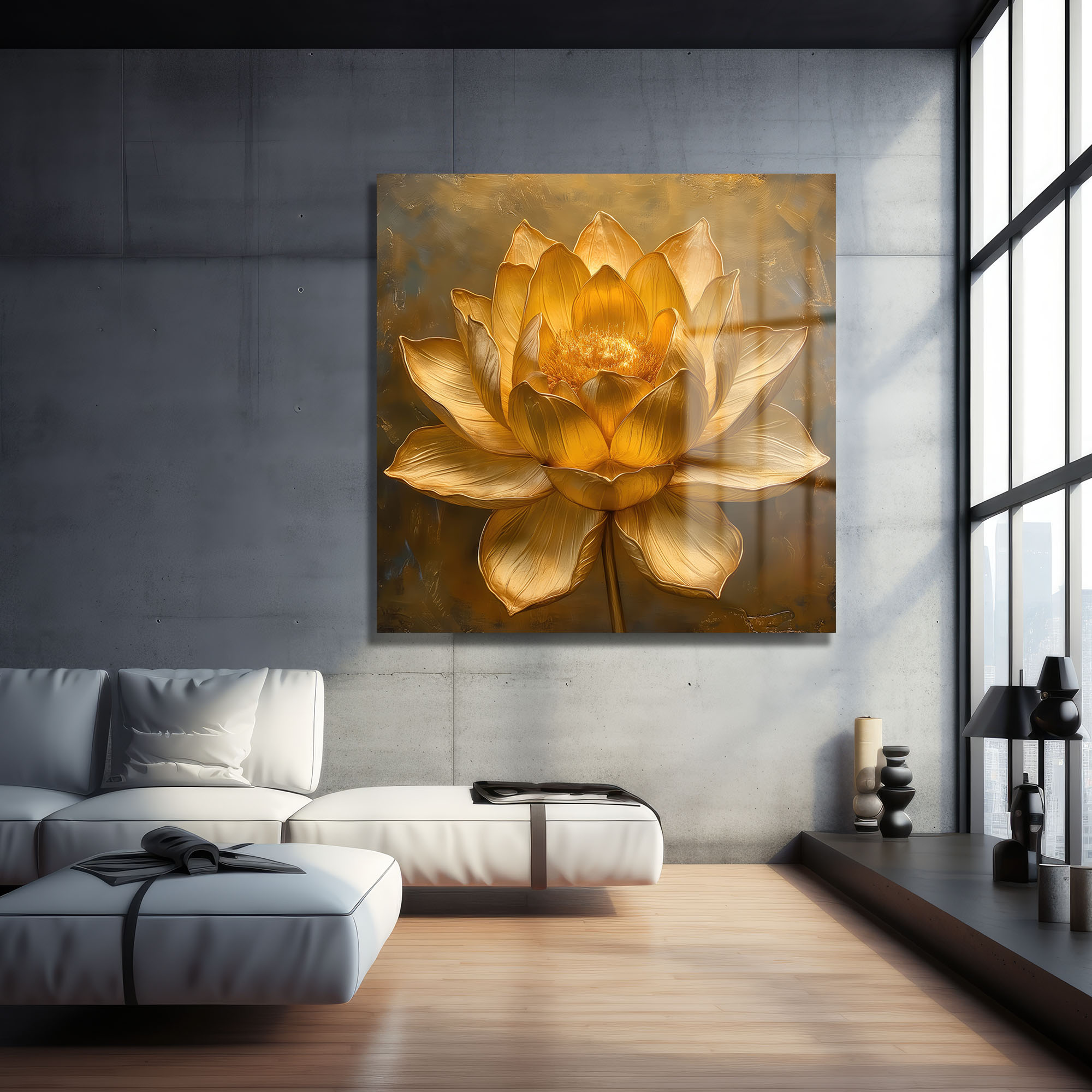 Altın Lotus İhtişamı: Modern Dekoratif Cam Tablo Duvar Dekoru cam tablo, duvar sanatı, modern dekorasyon, soyut sanat, cam sanat eserleri, iç mekan dekorasyonu, ofis dekorasyonu, ev dekorasyonu, restoran dekorasyonu, cafe dekorasyonu, cam baskı, UV baskı, estetik duvar sanatı