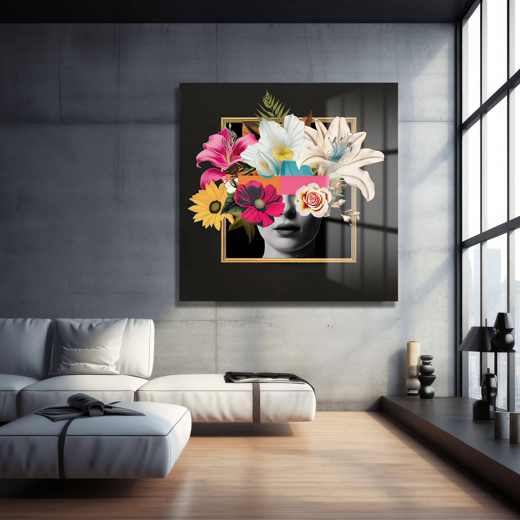 Sürreal Çiçek Yüz: Modern Sanat Temperli Cam Tablo Duvar Dekoru cam tablo, duvar sanatı, modern dekorasyon, soyut sanat, cam sanat eserleri, iç mekan dekorasyonu, ofis dekorasyonu, ev dekorasyonu, restoran dekorasyonu, cafe dekorasyonu, cam baskı, UV baskı, estetik duvar sanatı