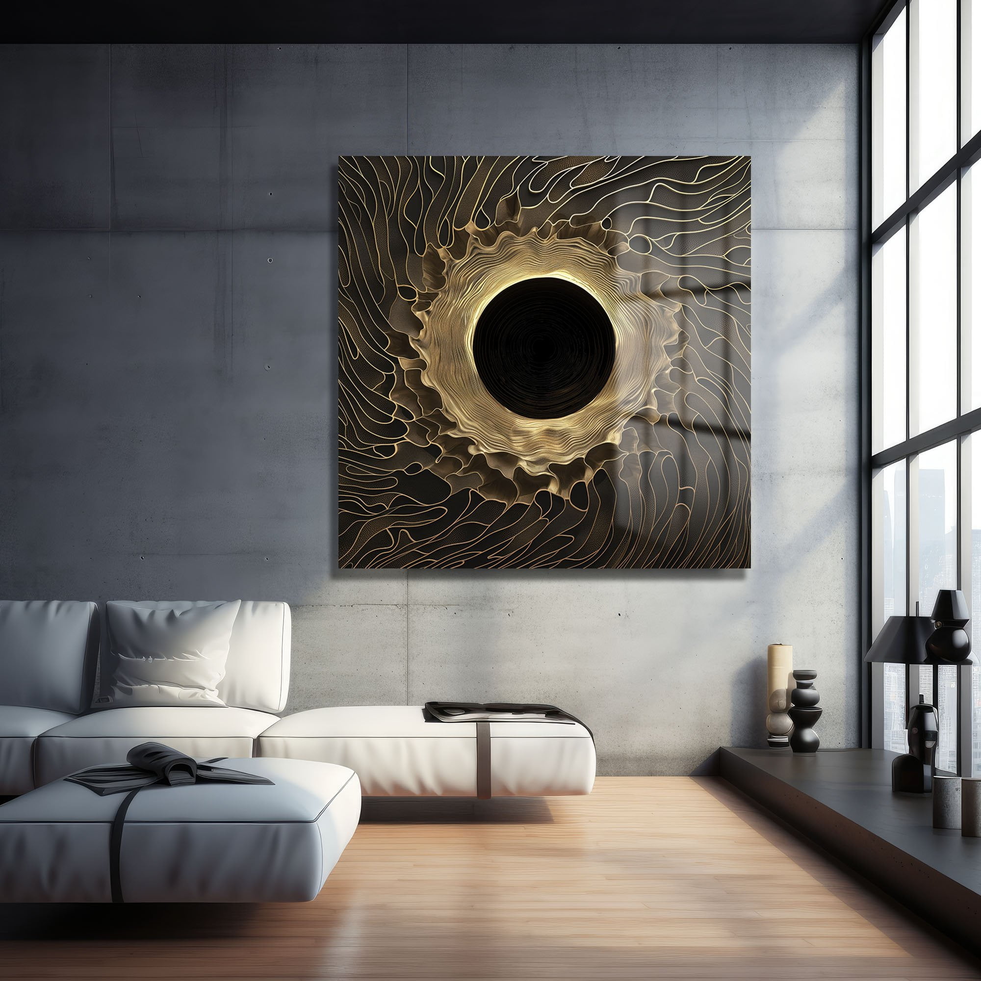 Karanlık Altın Girdap: Modern Soyut Temperli Cam Tablo Duvar Dekoru cam tablo, duvar sanatı, modern dekorasyon, soyut sanat, cam sanat eserleri, iç mekan dekorasyonu, ofis dekorasyonu, ev dekorasyonu, restoran dekorasyonu, cafe dekorasyonu, cam baskı, UV baskı, estetik duvar sanatı