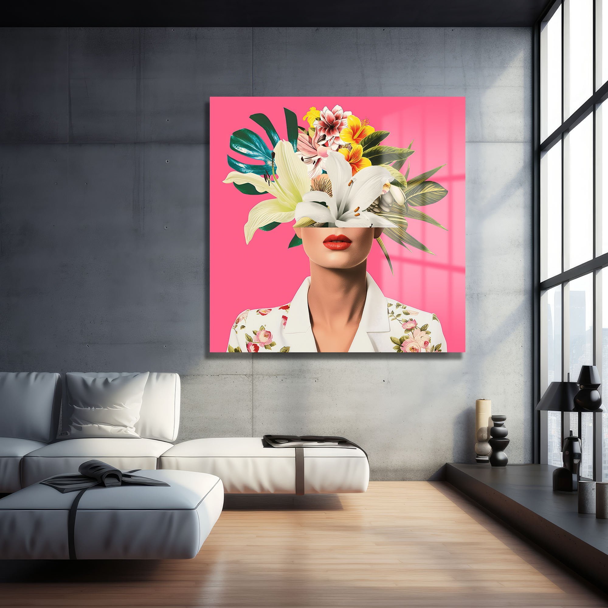 Pembe Fonda Tropik Çiçekler: Modern Kadın Portre Cam Tablo Duvar Dekoru cam tablo, duvar sanatı, modern dekorasyon, soyut sanat, cam sanat eserleri, iç mekan dekorasyonu, ofis dekorasyonu, ev dekorasyonu, restoran dekorasyonu, cafe dekorasyonu, cam baskı, UV baskı, estetik duvar sanatı