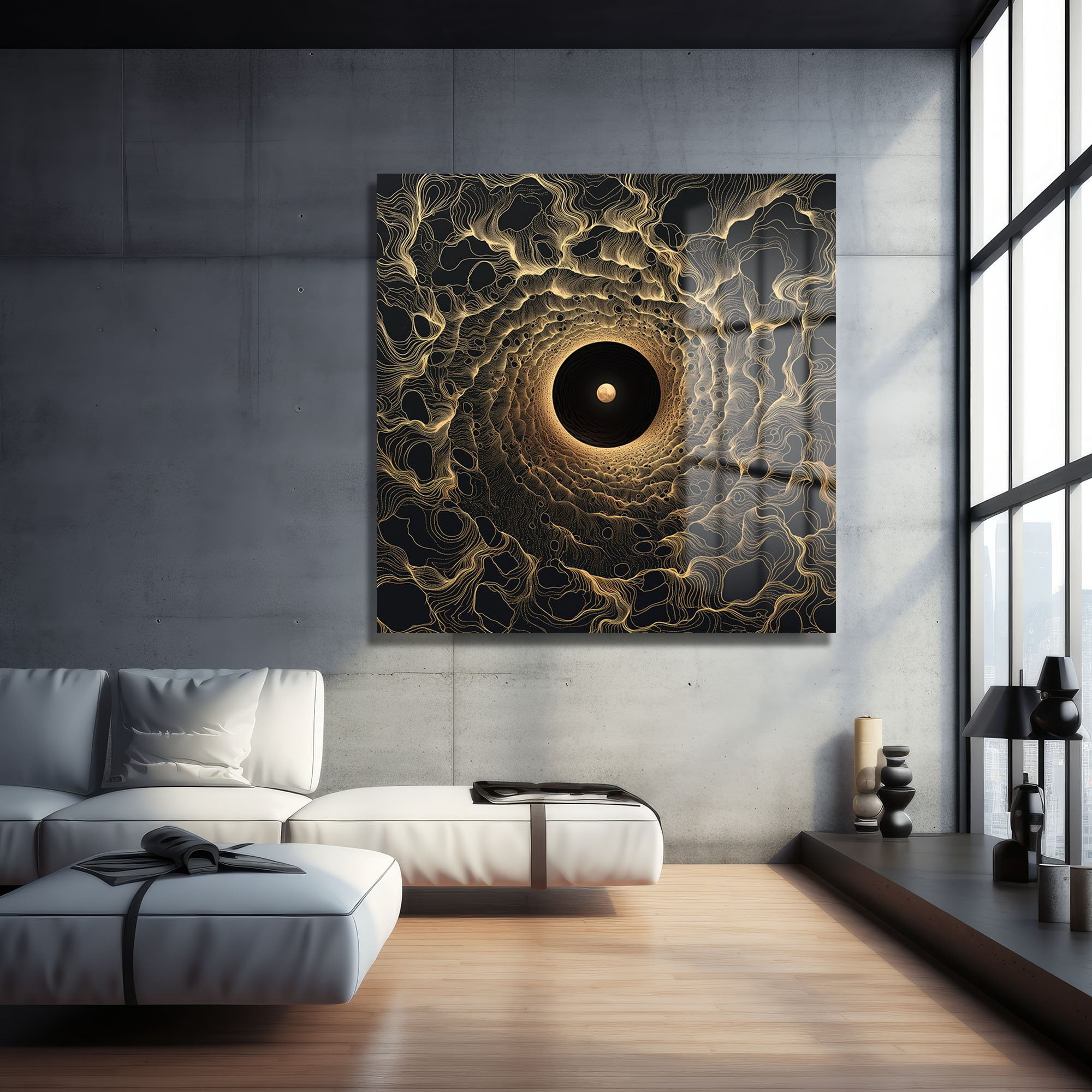 Evrensel Tünel: Altın Dalgalı Modern Cam Tablo Duvar Dekoru cam tablo, duvar sanatı, modern dekorasyon, soyut sanat, cam sanat eserleri, iç mekan dekorasyonu, ofis dekorasyonu, ev dekorasyonu, restoran dekorasyonu, cafe dekorasyonu, cam baskı, UV baskı, estetik duvar sanatı