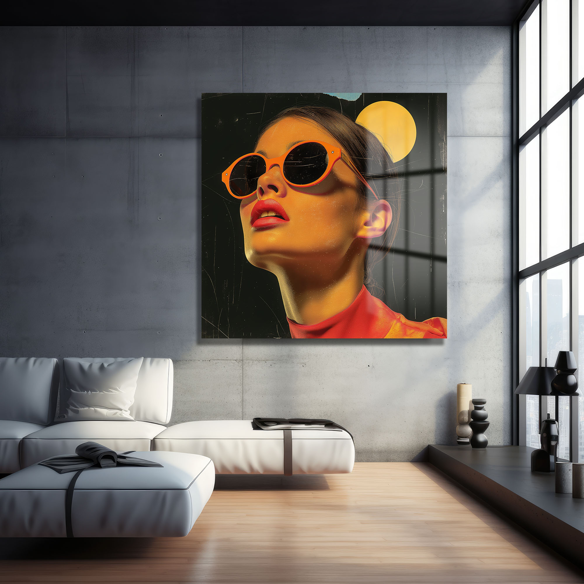 Neon Rüyalar: Turuncu Güneş Gözlüklü Modern Kadın Portresi Cam Tablo Duvar Dekoru cam tablo, duvar sanatı, modern dekorasyon, soyut sanat, cam sanat eserleri, iç mekan dekorasyonu, ofis dekorasyonu, ev dekorasyonu, restoran dekorasyonu, cafe dekorasyonu, cam baskı, UV baskı, estetik duvar sanatı