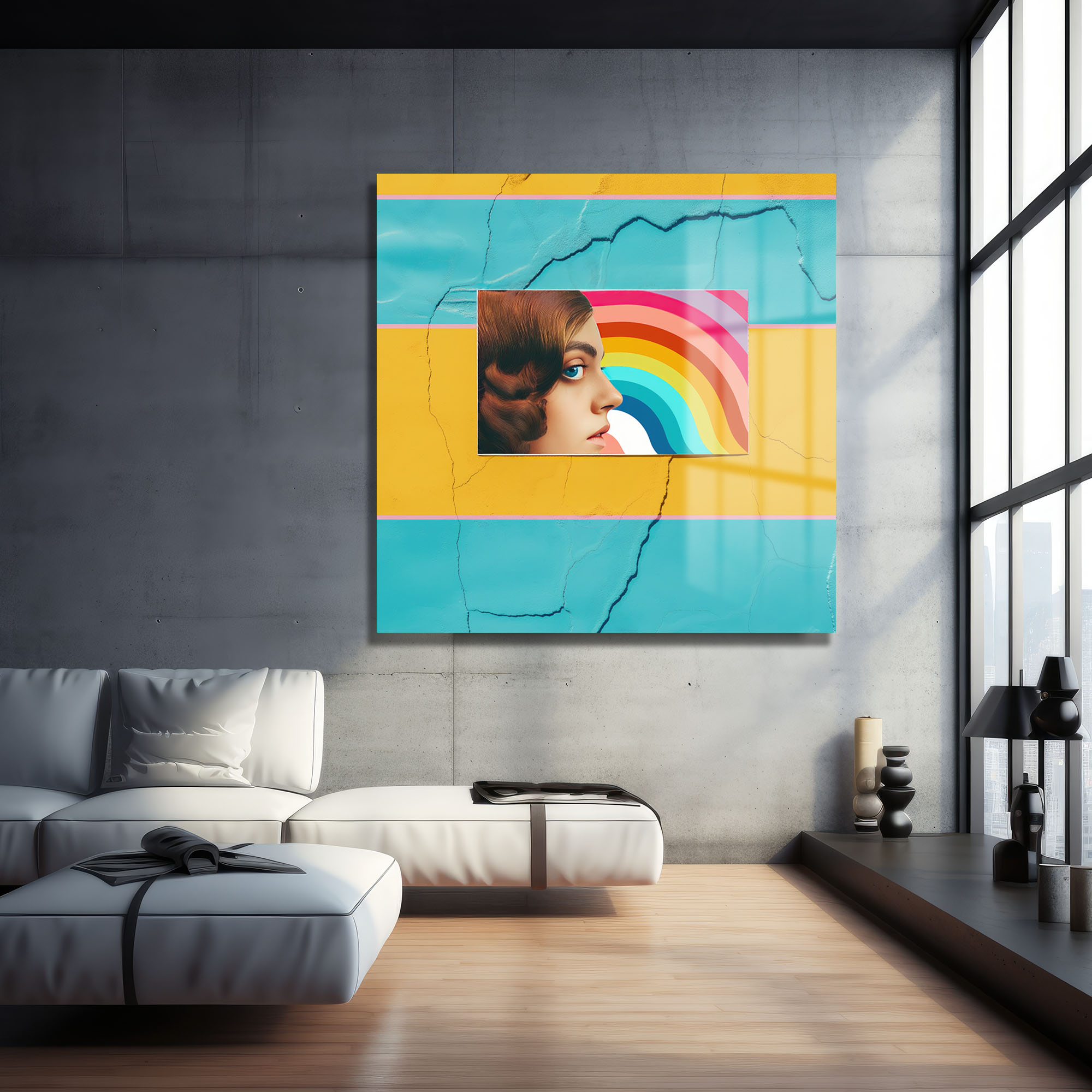Pop Art Rüyası: Gökkuşağı ve Kadın Profili Modern Cam Tablo Duvar Dekoru cam tablo, duvar sanatı, modern dekorasyon, soyut sanat, cam sanat eserleri, iç mekan dekorasyonu, ofis dekorasyonu, ev dekorasyonu, restoran dekorasyonu, cafe dekorasyonu, cam baskı, UV baskı, estetik duvar sanatı