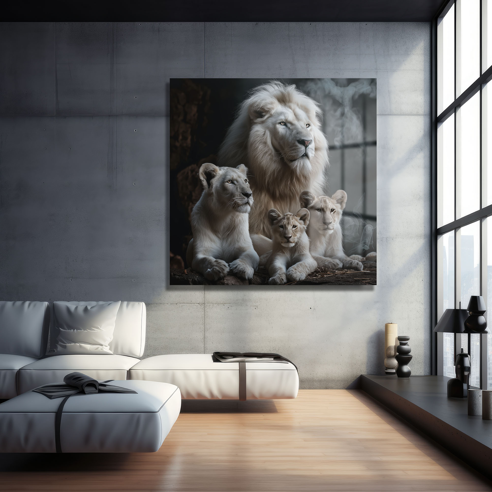 Beyaz Aslan Ailesi: Güç ve Asaletin Temperli Cam Tablosu Duvar Dekoru cam tablo, duvar sanatı, modern dekorasyon, soyut sanat, cam sanat eserleri, iç mekan dekorasyonu, ofis dekorasyonu, ev dekorasyonu, restoran dekorasyonu, cafe dekorasyonu, cam baskı, UV baskı, estetik duvar sanatı