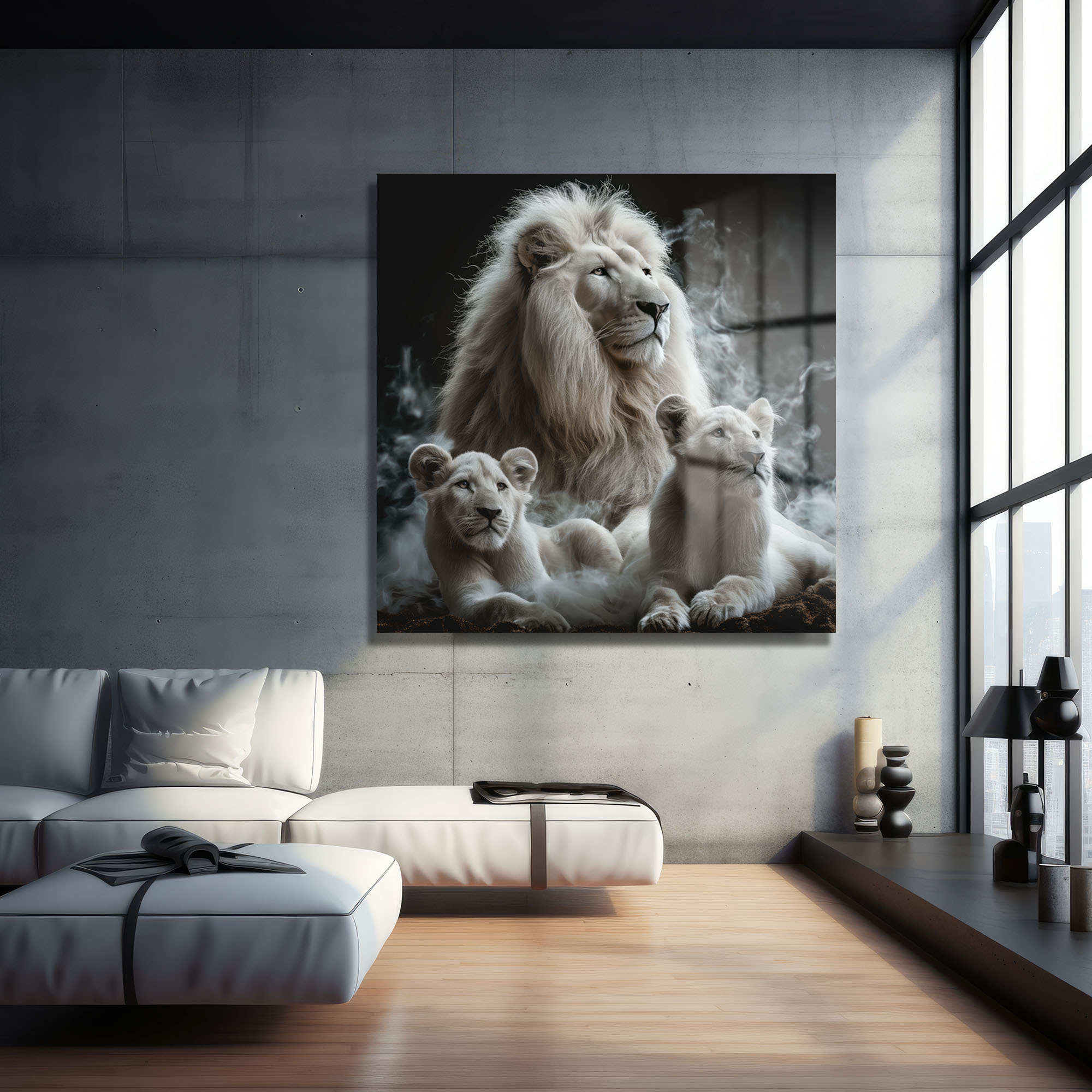 Beyaz Aslan Ailesi: Sislerin İçinden Yükselen Asalet Cam Tablo Duvar Dekoru cam tablo, duvar sanatı, modern dekorasyon, soyut sanat, cam sanat eserleri, iç mekan dekorasyonu, ofis dekorasyonu, ev dekorasyonu, restoran dekorasyonu, cafe dekorasyonu, cam baskı, UV baskı, estetik duvar sanatı