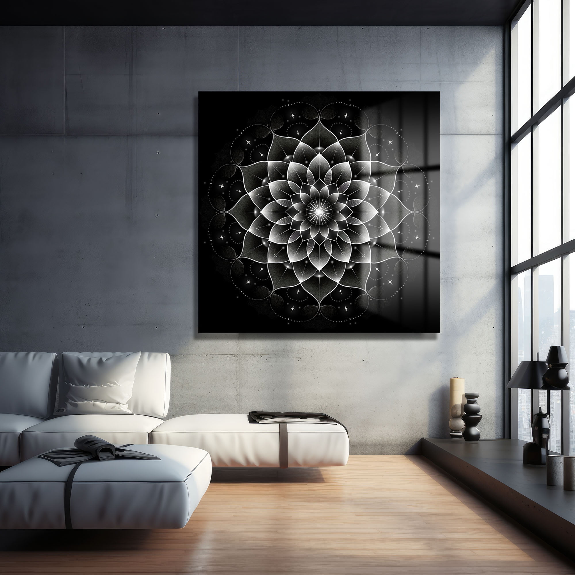 Sonsuzluk Mandalı: Siyah Beyaz Modern Cam Tablo Duvar Dekoru cam tablo, duvar sanatı, modern dekorasyon, soyut sanat, cam sanat eserleri, iç mekan dekorasyonu, ofis dekorasyonu, ev dekorasyonu, restoran dekorasyonu, cafe dekorasyonu, cam baskı, UV baskı, estetik duvar sanatı