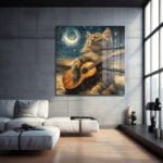Yıldızlı Gecenin Melodisi: Müzisyen Kedi Temalı Dekoratif Cam Tablo Duvar Dekoru cam tablo, duvar sanatı, modern dekorasyon, soyut sanat, cam sanat eserleri, iç mekan dekorasyonu, ofis dekorasyonu, ev dekorasyonu, restoran dekorasyonu, cafe dekorasyonu, cam baskı, UV baskı, estetik duvar sanatı