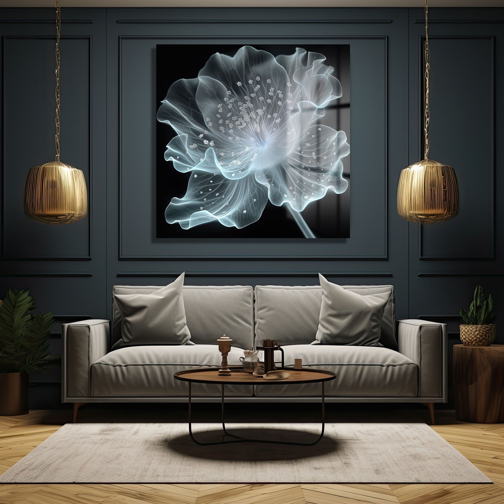 Ethereal Işık Çiçeği: Modern Soyut Temperli Cam Tablo Duvar Dekoru cam tablo, duvar sanatı, modern dekorasyon, soyut sanat, cam sanat eserleri, iç mekan dekorasyonu, ofis dekorasyonu, ev dekorasyonu, restoran dekorasyonu, cafe dekorasyonu, cam baskı, UV baskı, estetik duvar sanatı
