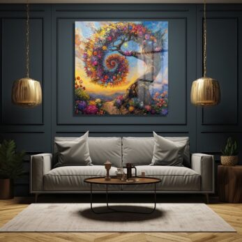 Hayat Ağacı: Renkli Çiçek Spiral Desenli Modern Cam Tablo - Glazella Hayat Ağacı: Renkli Çiçek Spiral Desenli Modern Cam Tablo - Glazella