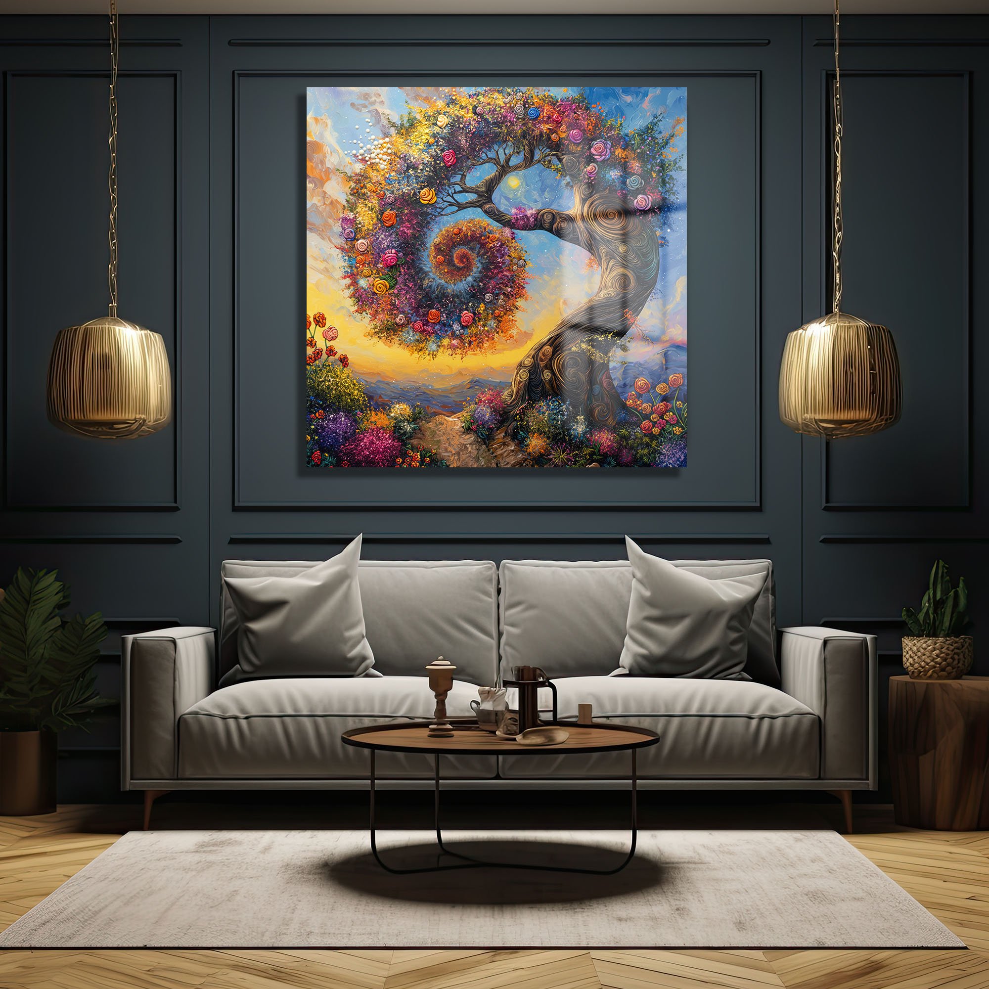 Hayat Ağacı: Renkli Çiçek Spiral Desenli Modern Cam Tablo Duvar Dekoru cam tablo, duvar sanatı, modern dekorasyon, soyut sanat, cam sanat eserleri, iç mekan dekorasyonu, ofis dekorasyonu, ev dekorasyonu, restoran dekorasyonu, cafe dekorasyonu, cam baskı, UV baskı, estetik duvar sanatı