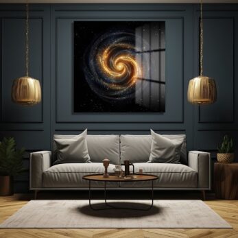 Kozmik Spiral: Altın Işıltılı Galaksi Temalı Modern Cam Tablo - Glazella Kozmik Spiral: Altın Işıltılı Galaksi Temalı Modern Cam Tablo - Glazella