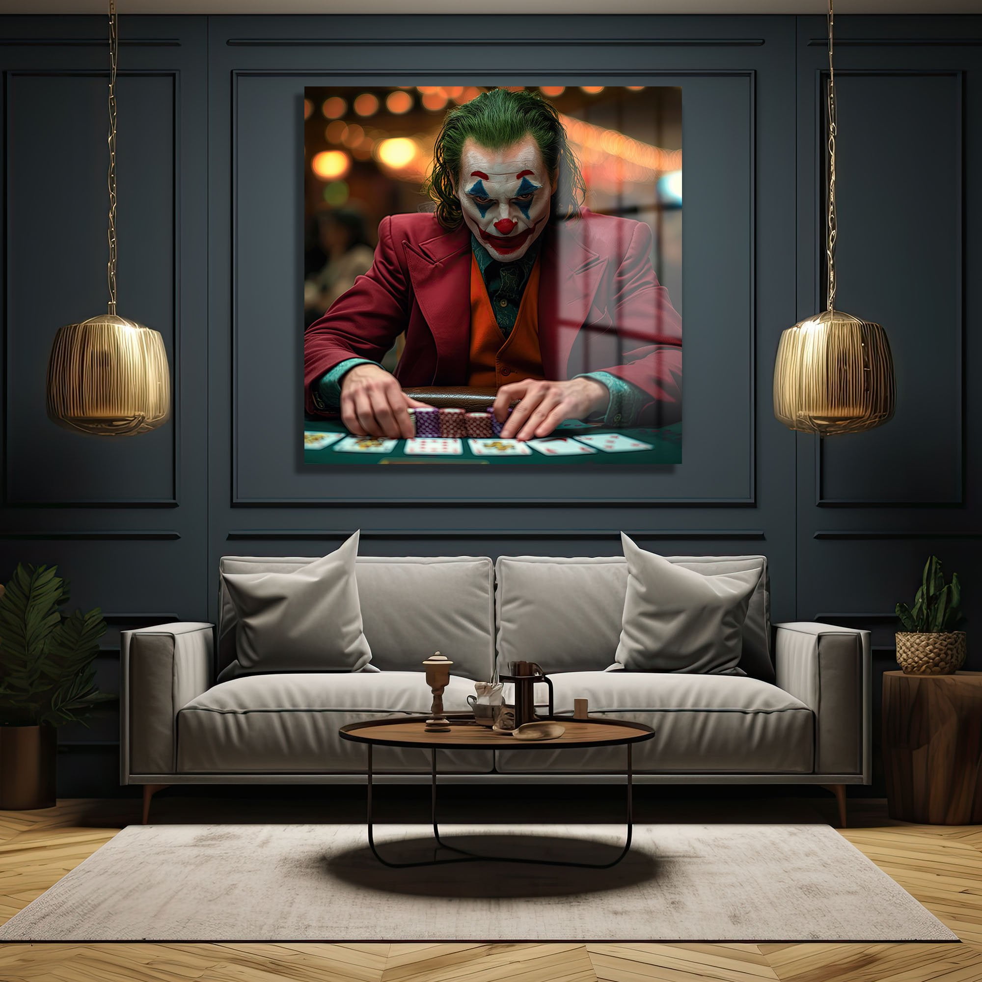 Joker Poker Yüzleşmesi: Gerilimli Sinematik Cam Tablo Duvar Dekoru cam tablo, duvar sanatı, modern dekorasyon, soyut sanat, cam sanat eserleri, iç mekan dekorasyonu, ofis dekorasyonu, ev dekorasyonu, restoran dekorasyonu, cafe dekorasyonu, cam baskı, UV baskı, estetik duvar sanatı