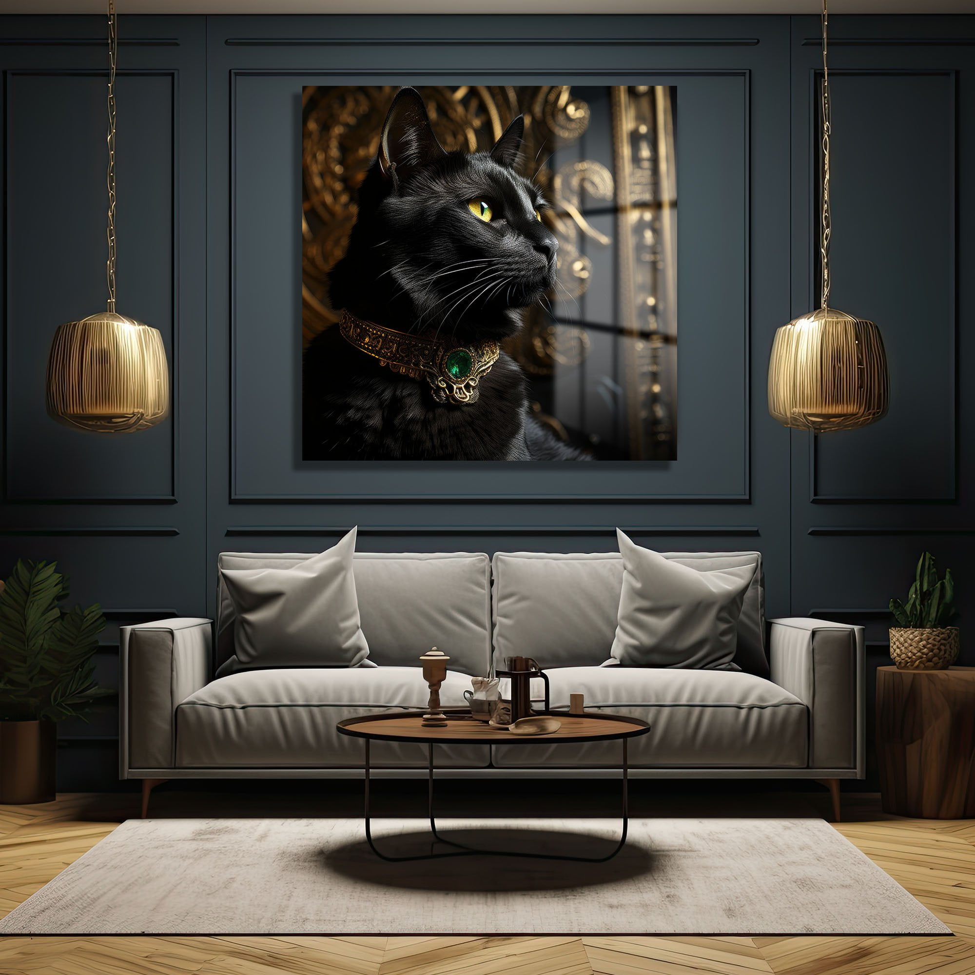 Asil Kedi Portresi: Zümrüt Yakalı Siyah Kedi Cam Tablo Duvar Dekoru cam tablo, duvar sanatı, modern dekorasyon, soyut sanat, cam sanat eserleri, iç mekan dekorasyonu, ofis dekorasyonu, ev dekorasyonu, restoran dekorasyonu, cafe dekorasyonu, cam baskı, UV baskı, estetik duvar sanatı