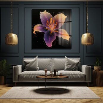 Ethereal Lily: Mor ve Altın Tonlarında Parlayan Modern Cam Tablo - Glazella