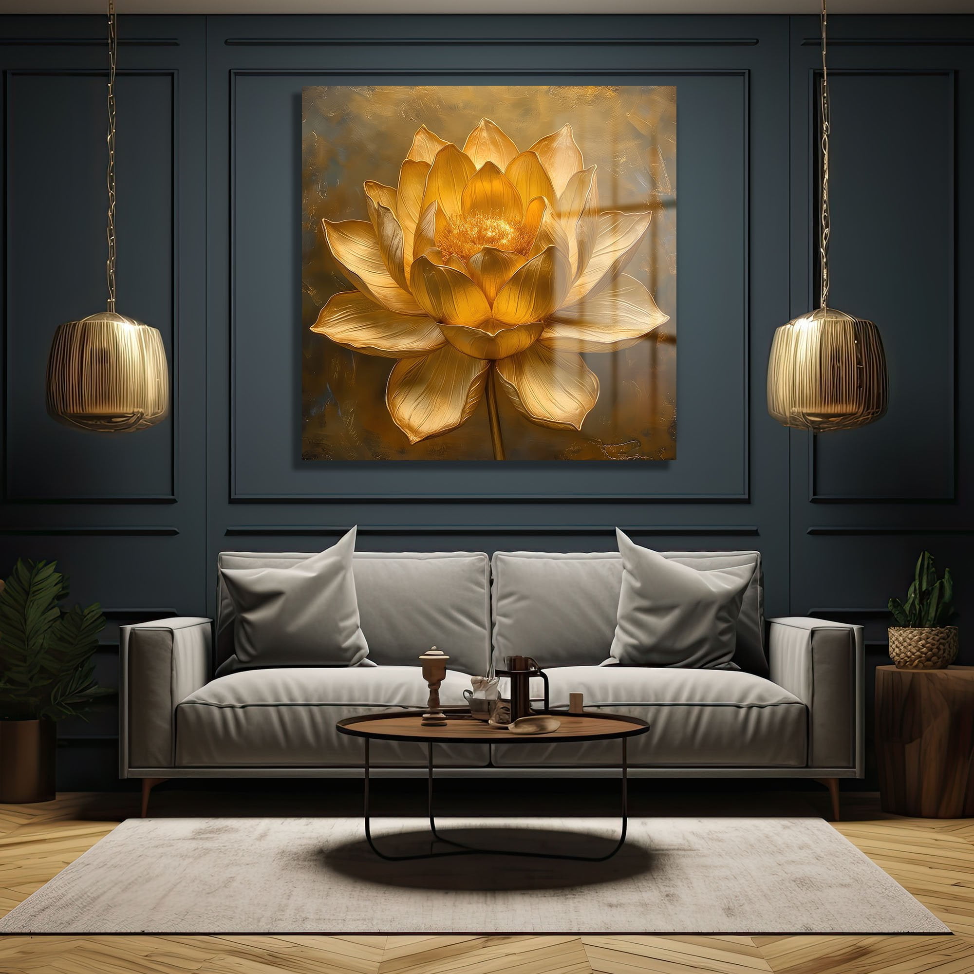 Altın Lotus İhtişamı: Modern Dekoratif Cam Tablo Duvar Dekoru cam tablo, duvar sanatı, modern dekorasyon, soyut sanat, cam sanat eserleri, iç mekan dekorasyonu, ofis dekorasyonu, ev dekorasyonu, restoran dekorasyonu, cafe dekorasyonu, cam baskı, UV baskı, estetik duvar sanatı