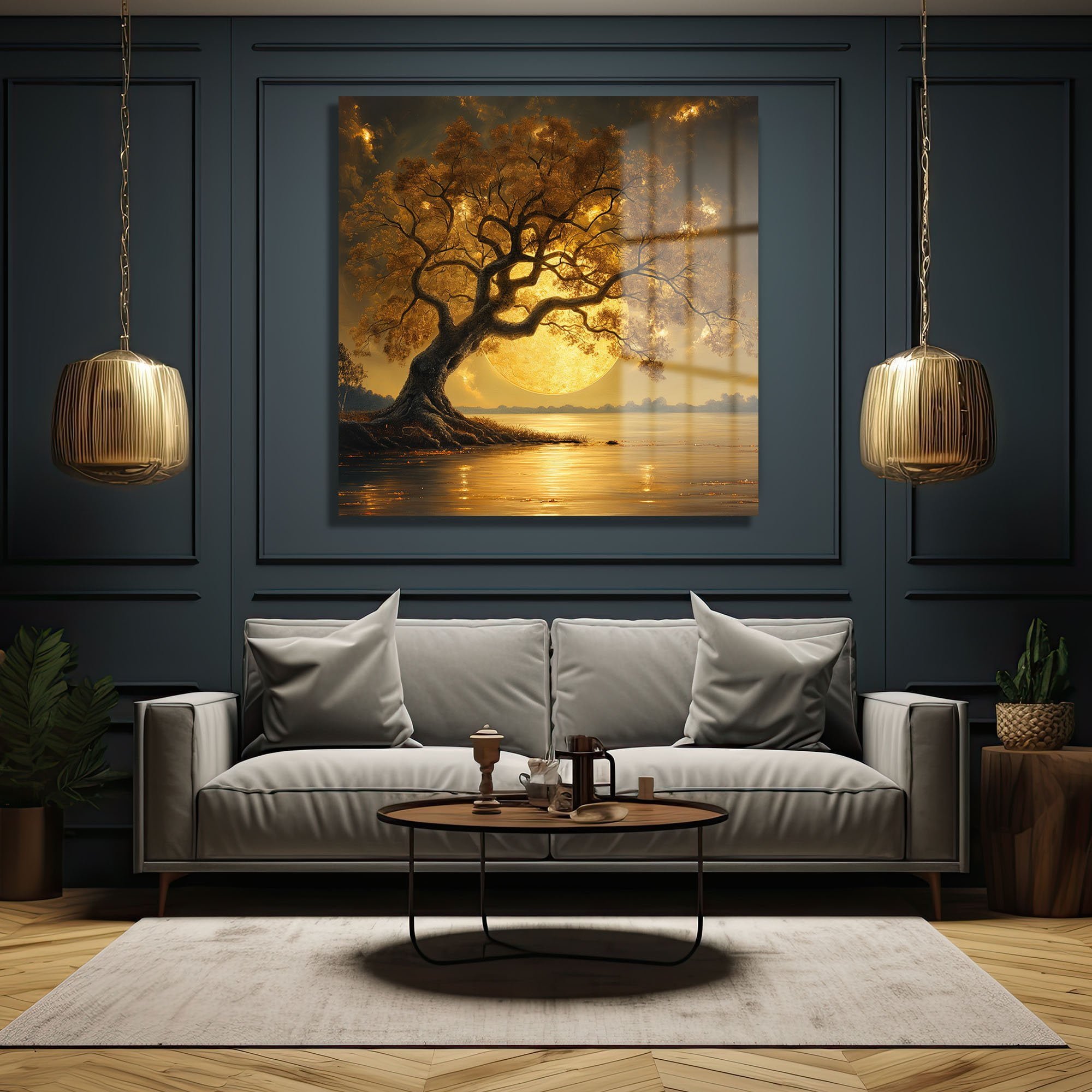 Altın Işıltılı Hayat Ağacı ve Büyüleyici Dolunay Cam Tablo Duvar Dekoru cam tablo, duvar sanatı, modern dekorasyon, soyut sanat, cam sanat eserleri, iç mekan dekorasyonu, ofis dekorasyonu, ev dekorasyonu, restoran dekorasyonu, cafe dekorasyonu, cam baskı, UV baskı, estetik duvar sanatı