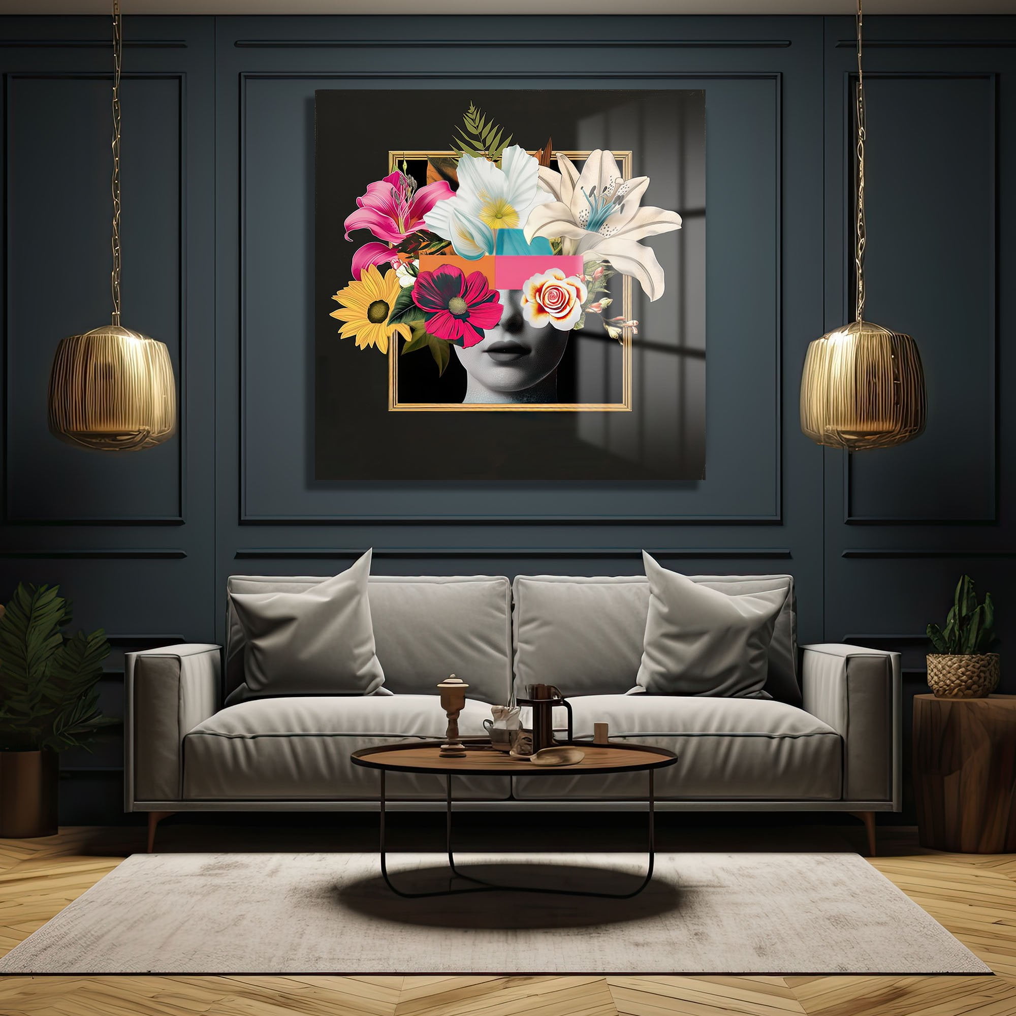 Sürreal Çiçek Yüz: Modern Sanat Temperli Cam Tablo Duvar Dekoru cam tablo, duvar sanatı, modern dekorasyon, soyut sanat, cam sanat eserleri, iç mekan dekorasyonu, ofis dekorasyonu, ev dekorasyonu, restoran dekorasyonu, cafe dekorasyonu, cam baskı, UV baskı, estetik duvar sanatı