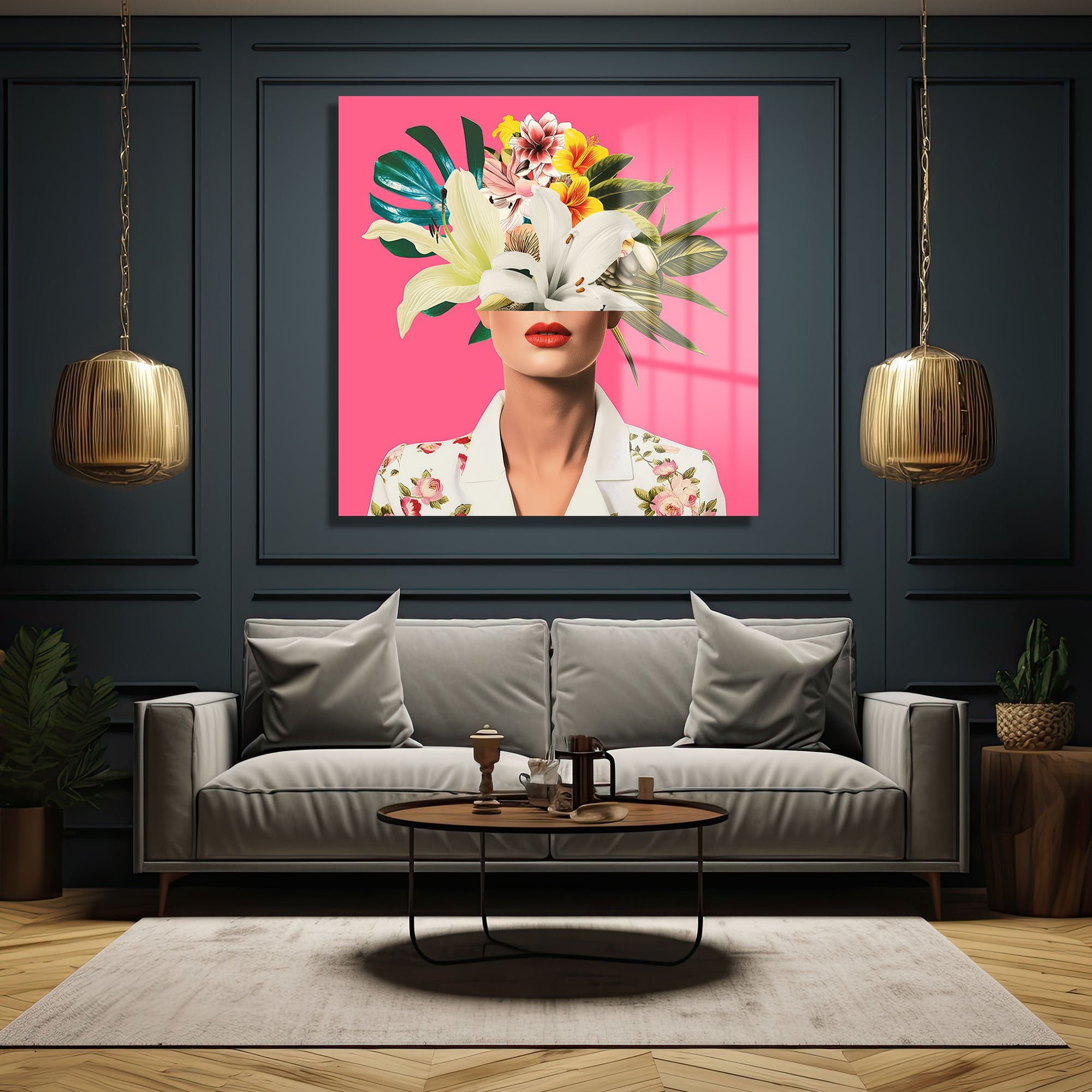Pembe Fonda Tropik Çiçekler: Modern Kadın Portre Cam Tablo Duvar Dekoru cam tablo, duvar sanatı, modern dekorasyon, soyut sanat, cam sanat eserleri, iç mekan dekorasyonu, ofis dekorasyonu, ev dekorasyonu, restoran dekorasyonu, cafe dekorasyonu, cam baskı, UV baskı, estetik duvar sanatı