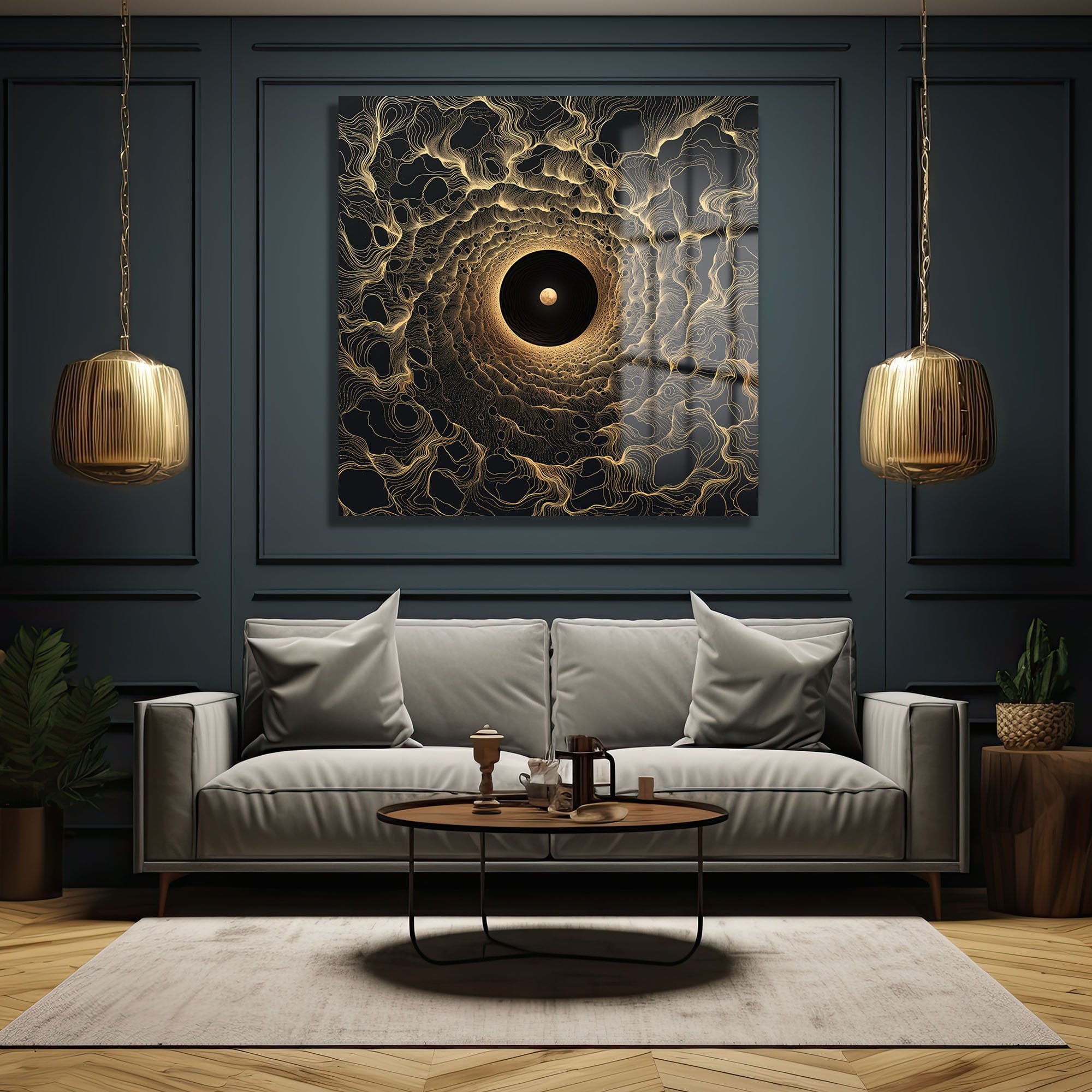 Evrensel Tünel: Altın Dalgalı Modern Cam Tablo Duvar Dekoru cam tablo, duvar sanatı, modern dekorasyon, soyut sanat, cam sanat eserleri, iç mekan dekorasyonu, ofis dekorasyonu, ev dekorasyonu, restoran dekorasyonu, cafe dekorasyonu, cam baskı, UV baskı, estetik duvar sanatı