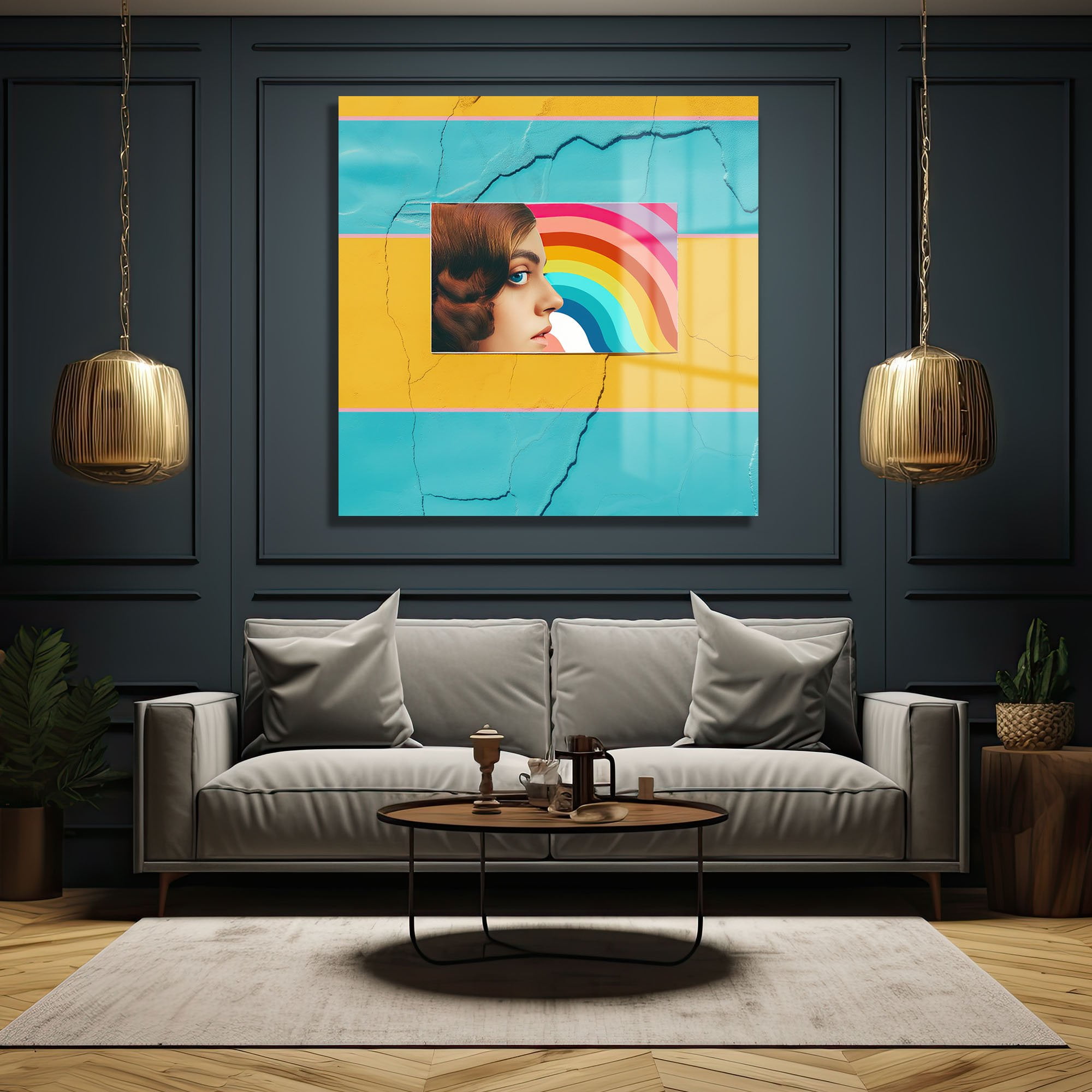 Pop Art Rüyası: Gökkuşağı ve Kadın Profili Modern Cam Tablo Duvar Dekoru cam tablo, duvar sanatı, modern dekorasyon, soyut sanat, cam sanat eserleri, iç mekan dekorasyonu, ofis dekorasyonu, ev dekorasyonu, restoran dekorasyonu, cafe dekorasyonu, cam baskı, UV baskı, estetik duvar sanatı