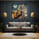 Yıldızlı Gecenin Melodisi: Müzisyen Kedi Temalı Dekoratif Cam Tablo Duvar Dekoru cam tablo, duvar sanatı, modern dekorasyon, soyut sanat, cam sanat eserleri, iç mekan dekorasyonu, ofis dekorasyonu, ev dekorasyonu, restoran dekorasyonu, cafe dekorasyonu, cam baskı, UV baskı, estetik duvar sanatı