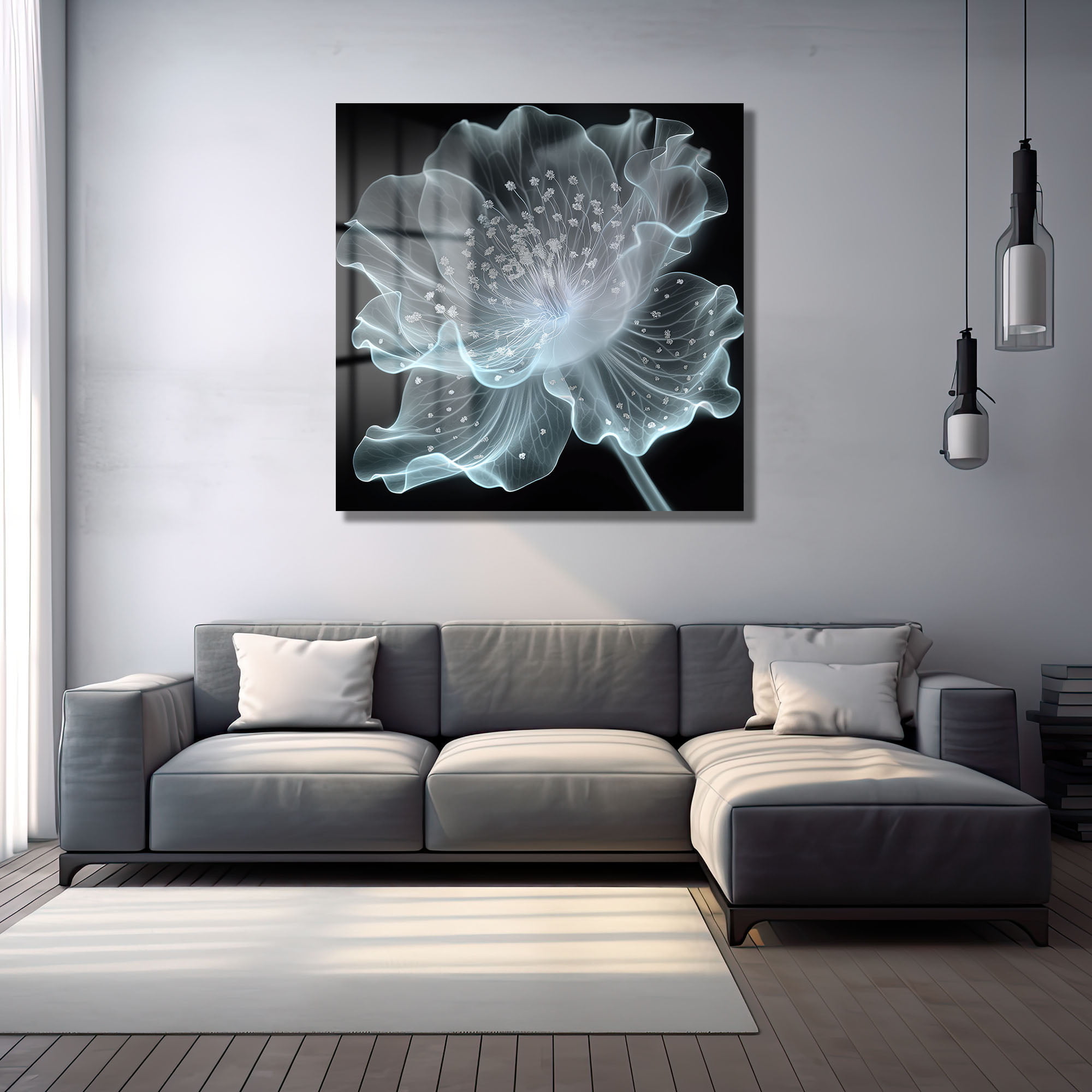 Ethereal Işık Çiçeği: Modern Soyut Temperli Cam Tablo Duvar Dekoru cam tablo, duvar sanatı, modern dekorasyon, soyut sanat, cam sanat eserleri, iç mekan dekorasyonu, ofis dekorasyonu, ev dekorasyonu, restoran dekorasyonu, cafe dekorasyonu, cam baskı, UV baskı, estetik duvar sanatı