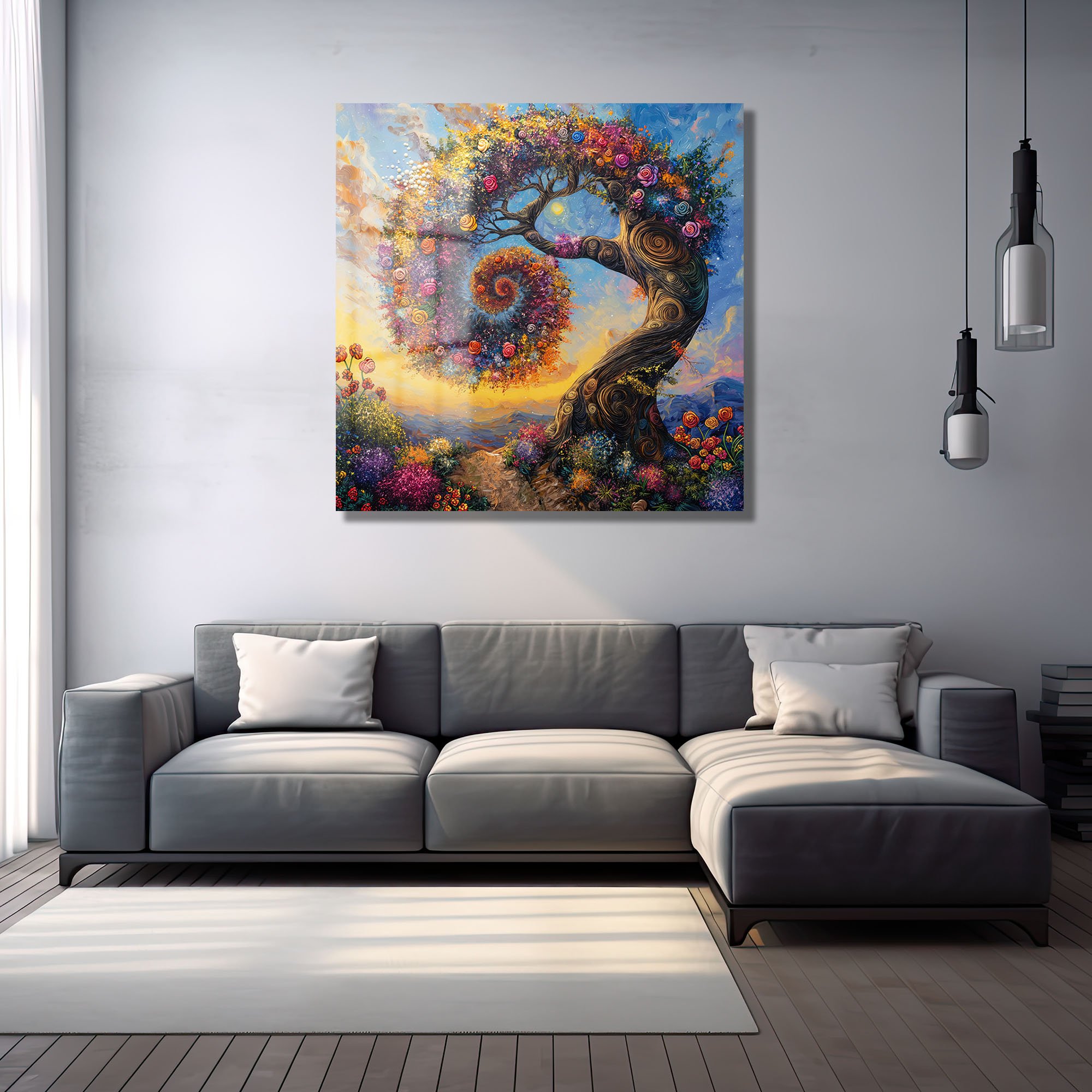 Hayat Ağacı: Renkli Çiçek Spiral Desenli Modern Cam Tablo Duvar Dekoru cam tablo, duvar sanatı, modern dekorasyon, soyut sanat, cam sanat eserleri, iç mekan dekorasyonu, ofis dekorasyonu, ev dekorasyonu, restoran dekorasyonu, cafe dekorasyonu, cam baskı, UV baskı, estetik duvar sanatı