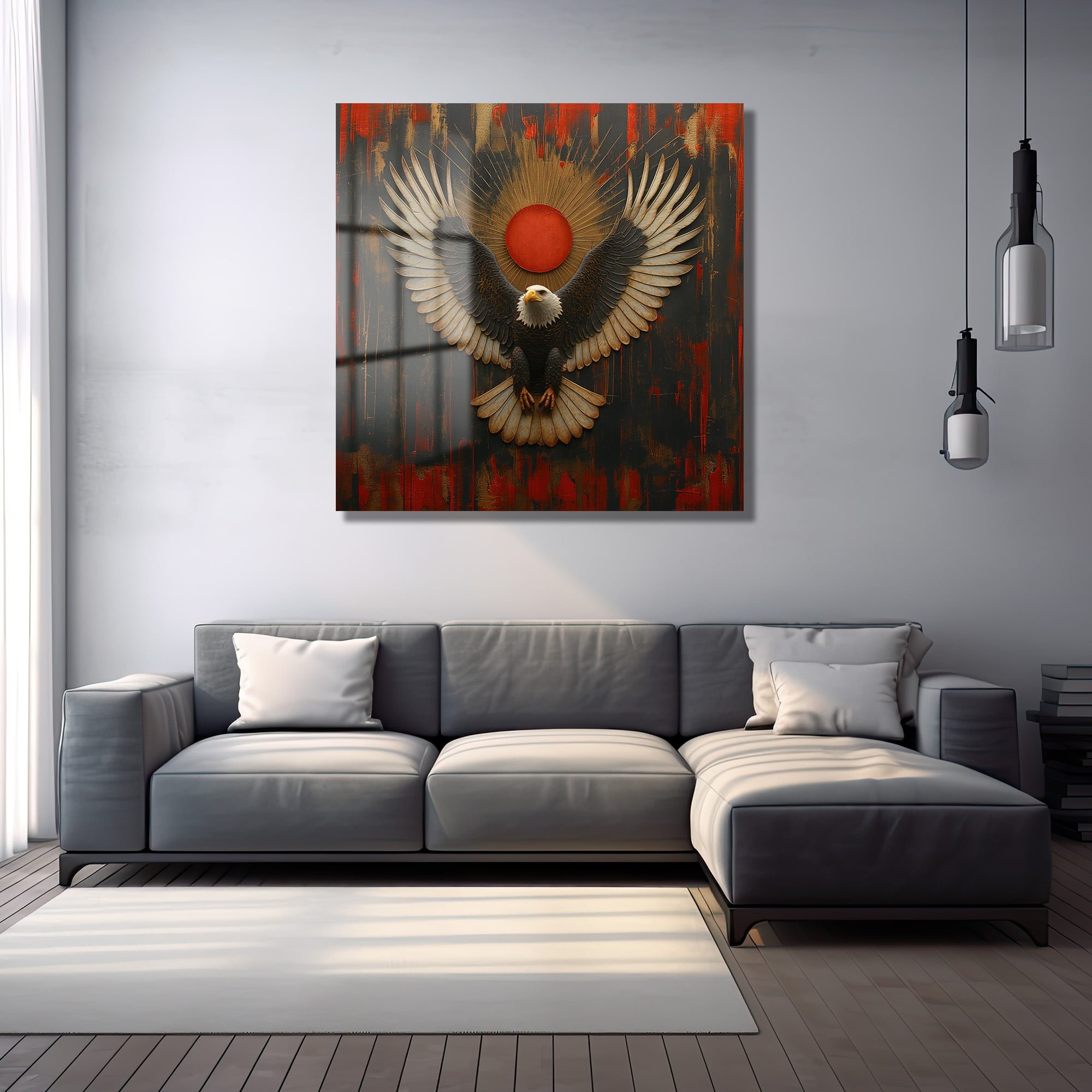Yükselen Güneşin Kartalı: Modern Sanat Temperli Cam Tablo Duvar Dekoru cam tablo, duvar sanatı, modern dekorasyon, soyut sanat, cam sanat eserleri, iç mekan dekorasyonu, ofis dekorasyonu, ev dekorasyonu, restoran dekorasyonu, cafe dekorasyonu, cam baskı, UV baskı, estetik duvar sanatı