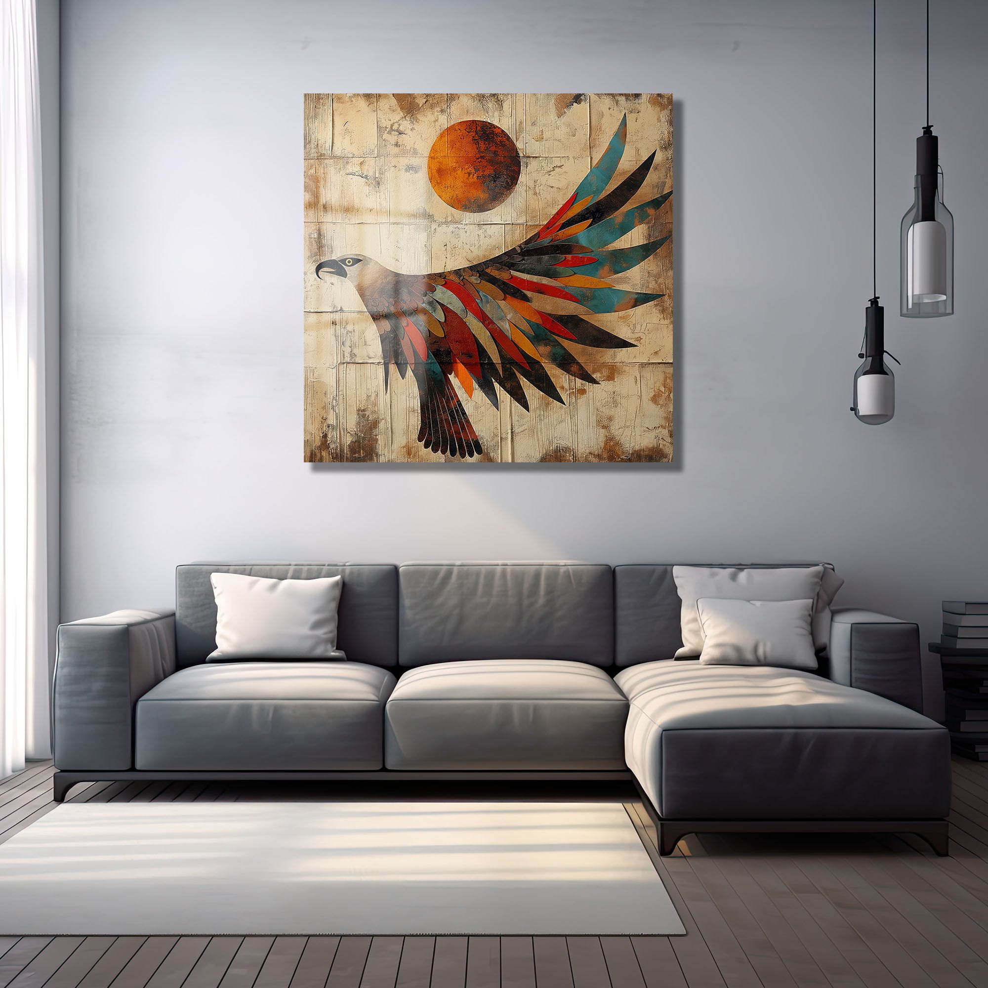 Özgürlüğün Kanatları: Renkli Kartal ve Yükselen Güneş Temalı Modern Cam Tablo Duvar Dekoru cam tablo, duvar sanatı, modern dekorasyon, soyut sanat, cam sanat eserleri, iç mekan dekorasyonu, ofis dekorasyonu, ev dekorasyonu, restoran dekorasyonu, cafe dekorasyonu, cam baskı, UV baskı, estetik duvar sanatı