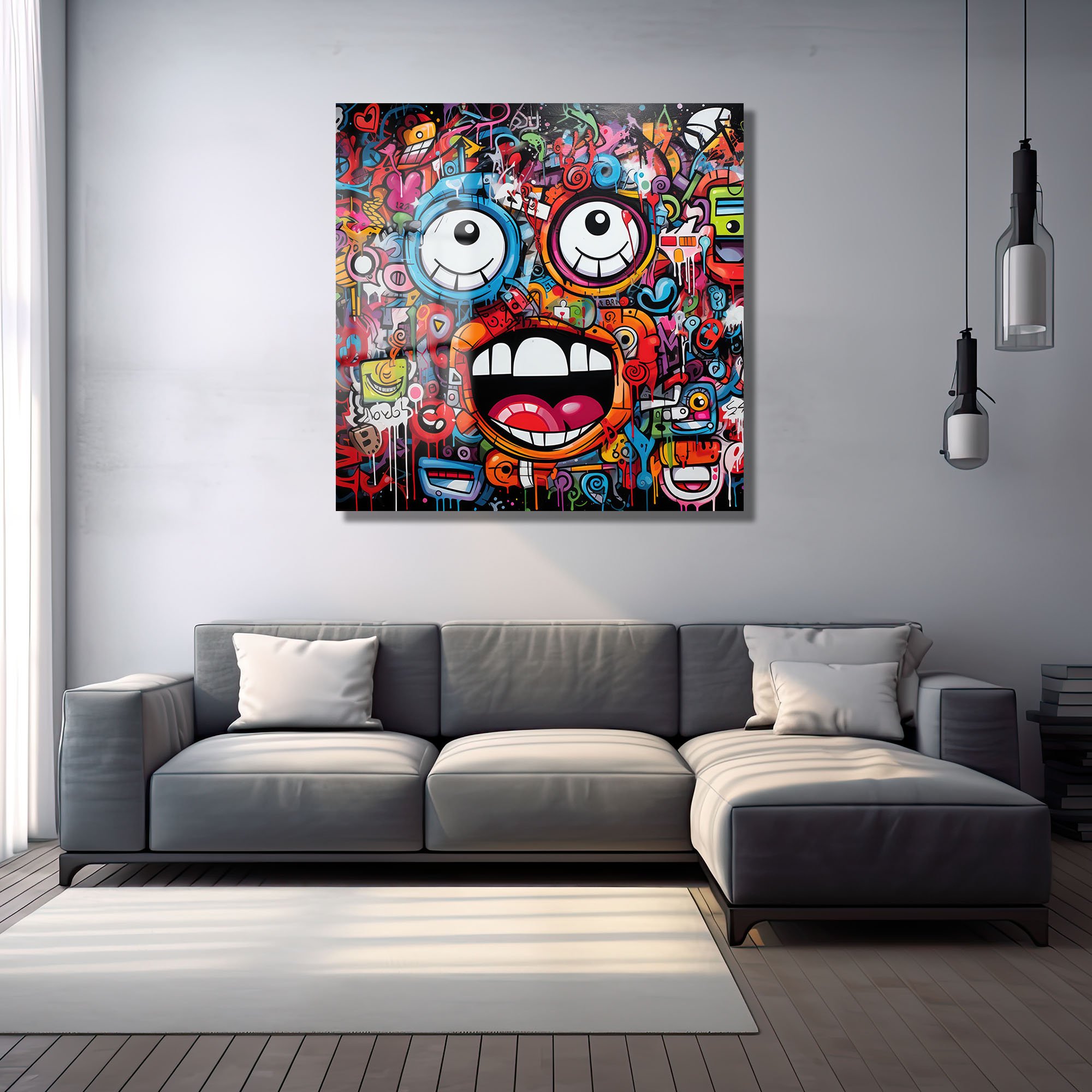 Enerjik Graffiti Yüzler: Renkli Sokak Sanatı Temperli Cam Tablo Duvar Dekoru cam tablo, duvar sanatı, modern dekorasyon, soyut sanat, cam sanat eserleri, iç mekan dekorasyonu, ofis dekorasyonu, ev dekorasyonu, restoran dekorasyonu, cafe dekorasyonu, cam baskı, UV baskı, estetik duvar sanatı